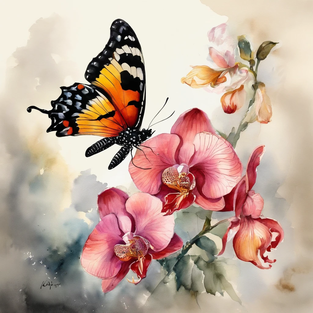 Zhuang Zhou Meng Butterfly,ukiyoe painting,Huge flowers,an orchid flower,夏天