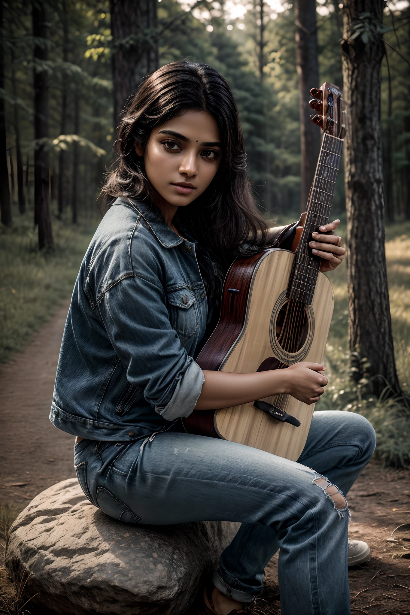 (masterpiece, best quality, realistic, detailed), portrait, (symmetrical:1.2),dramatic, film grain, 1 beautiful young indian woman, beautiful eyes, real skin texture, highly detailed skin, looking at viewer, casual clothes, jeans pant, sitting on a rock, holding a guitar, outdoors, trees, grass, green bushes, on shot on Fujifilm Superia 400, particles, soft rays,cinematic composition