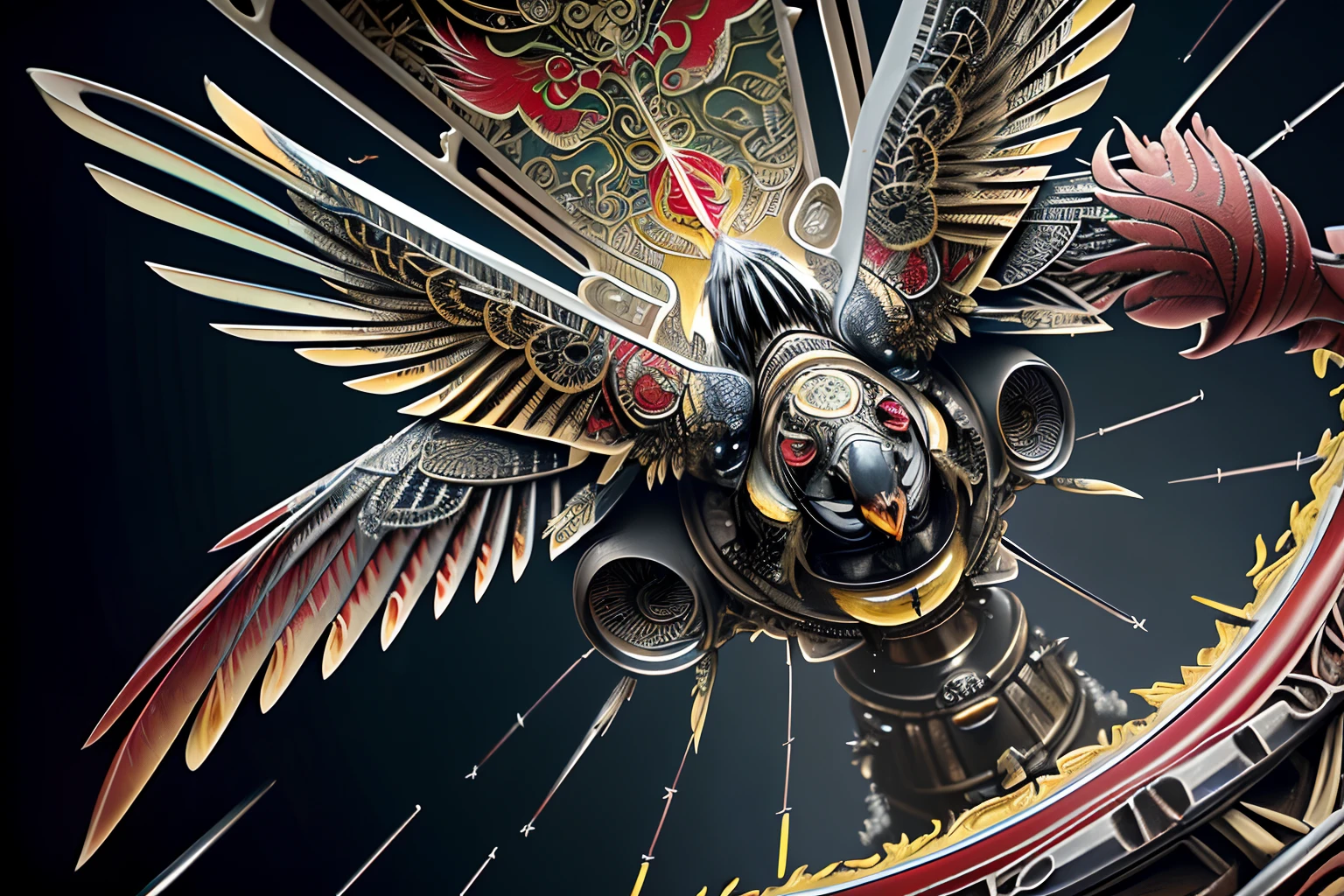(((intricate insane detail oil paint of include mechanical single bird illustration:1.4))), (((red Chinese phoenix inspiration))), flash effect, swirling vortexes with smoke speed line, ((silver and red and blue metallic mechanic texture:1.2)), (((electronic engineering:1.3))), rich colors, ((half glass and gear coating:1.3)), mechanical-claw, bird wing of blade, ((gliding pose:1.1)), from front, go through black hole background, symmetrical body, (((mechanical of full-body and 2 bird legs with 3 claws:1.3))), (intricate beautiful glow details:1.3), (intricate detailed:1.1), (extremely insane details:1.3), highly quality, high resolution, tonal with high contrast, cinematic lighting, beauty beauty, (((complex mechanism:1.1))), perfect bird anatomy, holography style, holographic rendering,