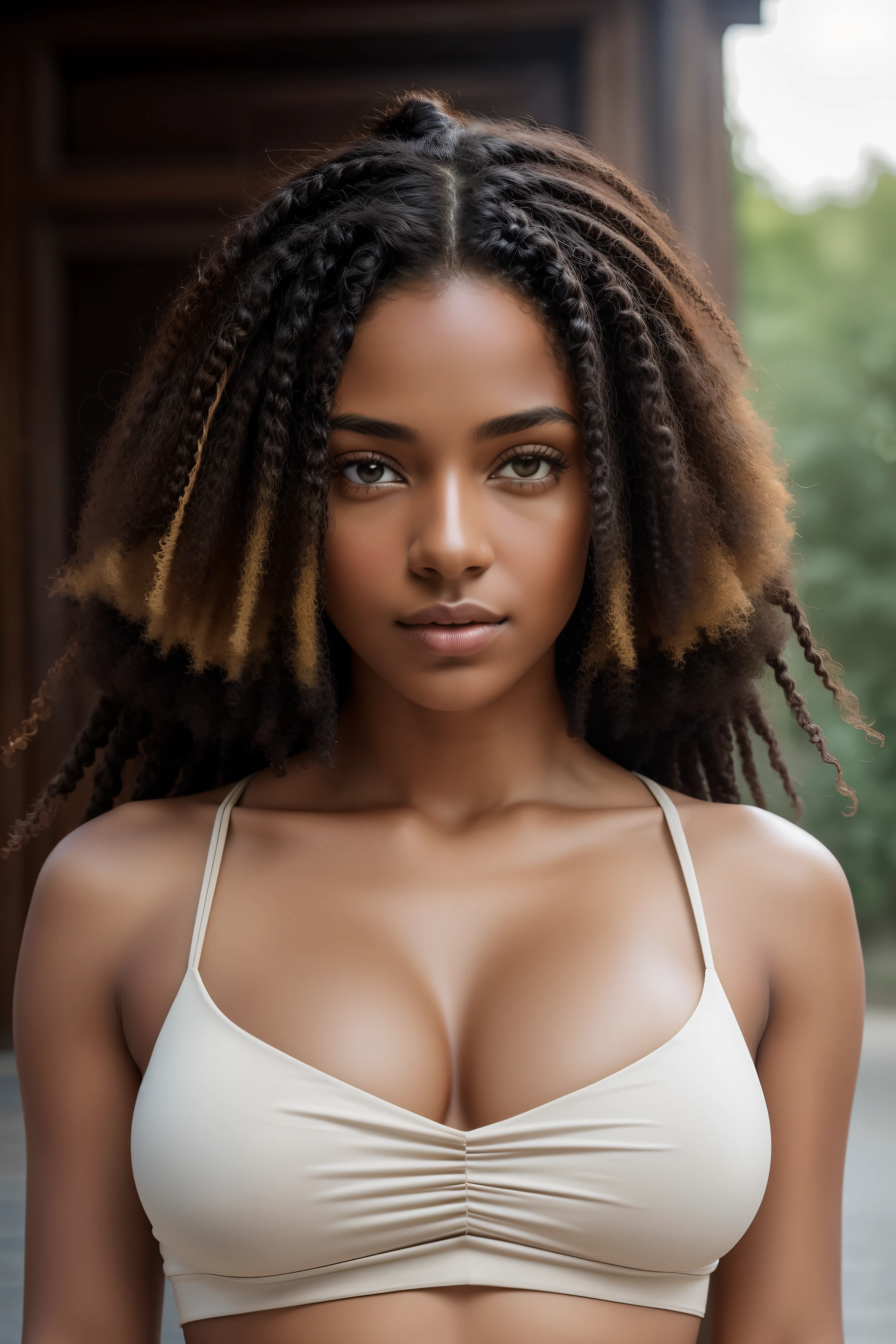 Natural photography of a beautiful girl, porter un crop top ample, se pencher, cheveux longs et fluides, Grand buste, locks eyes in the camera, eyes symmetrical, symmetrical face, photoreallistic, photographie, Path layout, specular lighting, Volumetric facial light, Hair path, Ombres visibles, complexe, elaborate