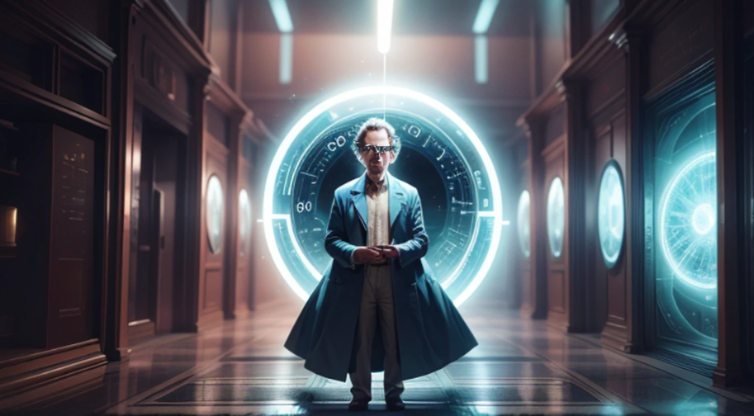 “A scientist enters a time machine and is caught between 2023 and 1950s, in a image split between the two years.”