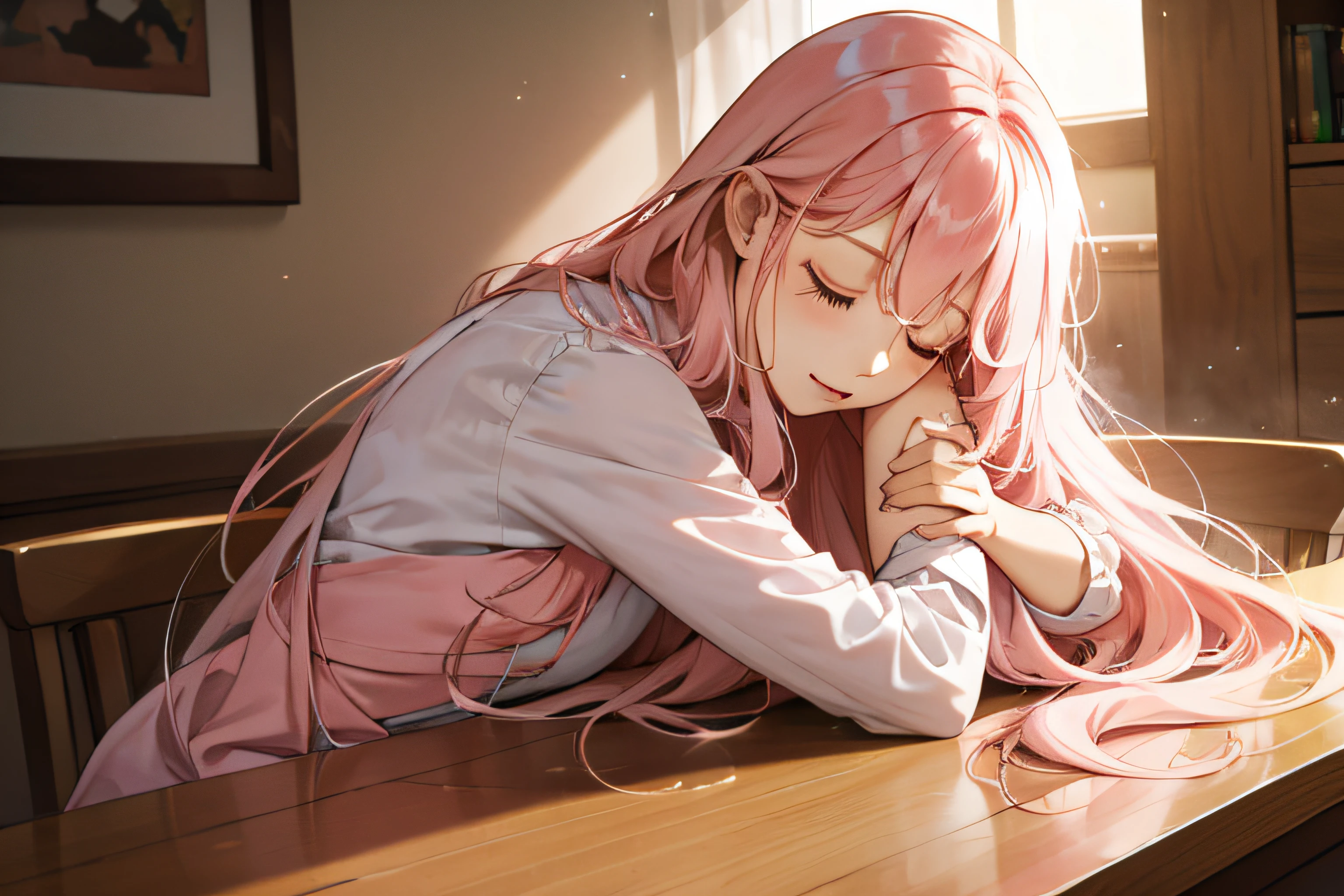 Long pink hair dozing on the table