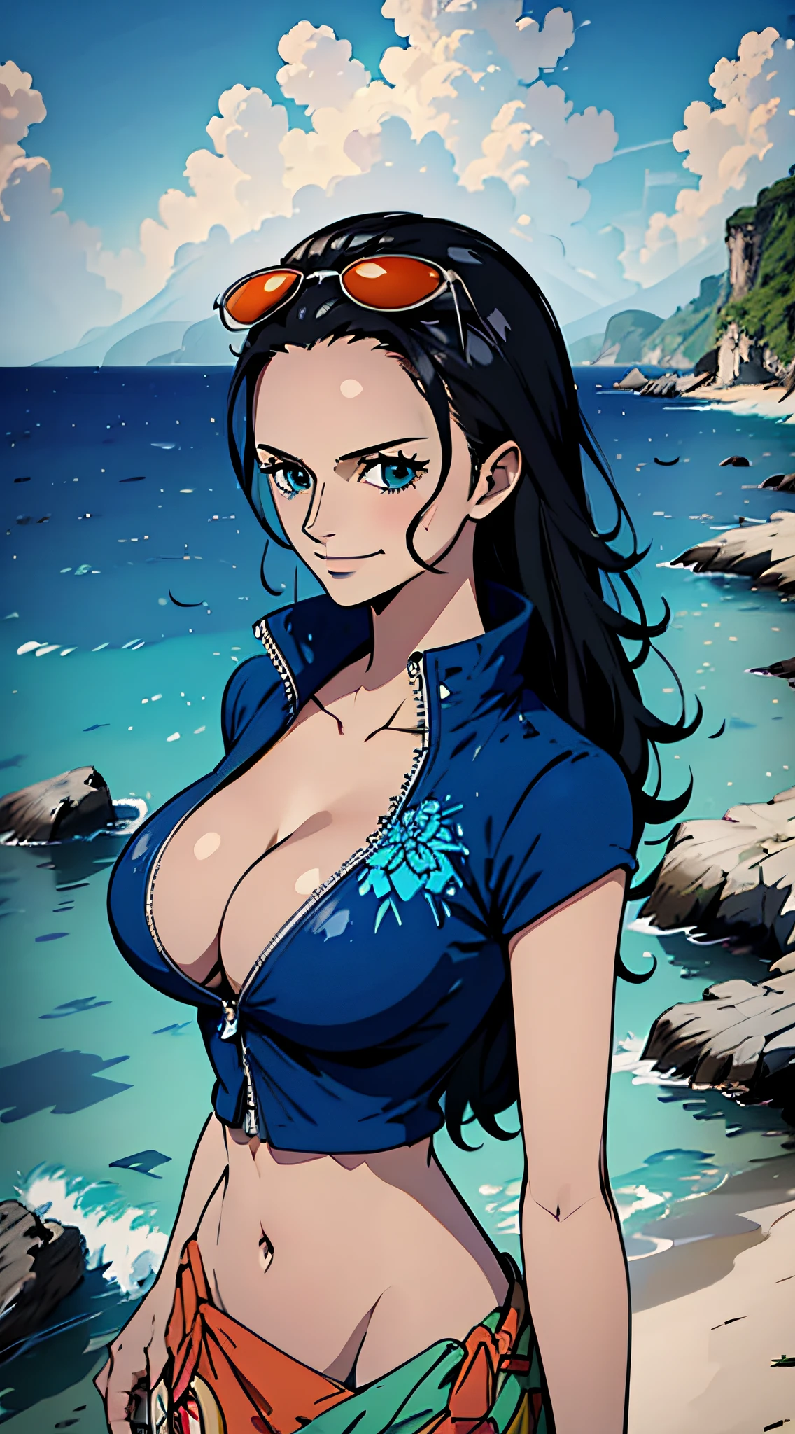 (((masterpiece))), NicoRobin, 1girl, solo, full body, long hair, looking at viewer, smile, blue eyes, large breasts, black hair, navel, holding, cleavage, closed mouth, standing, collarbone, jacket, short sleeves, cowboy shot, outdoors, sky, day, midriff, cloud, water, stomach, blue sky, crop top, groin, hand on hip, ocean, sunglasses, eyewear on head, zipper, cropped jacket, high collar, unzipped, sarong, hair slicked back, partially unzipped, print sarong,