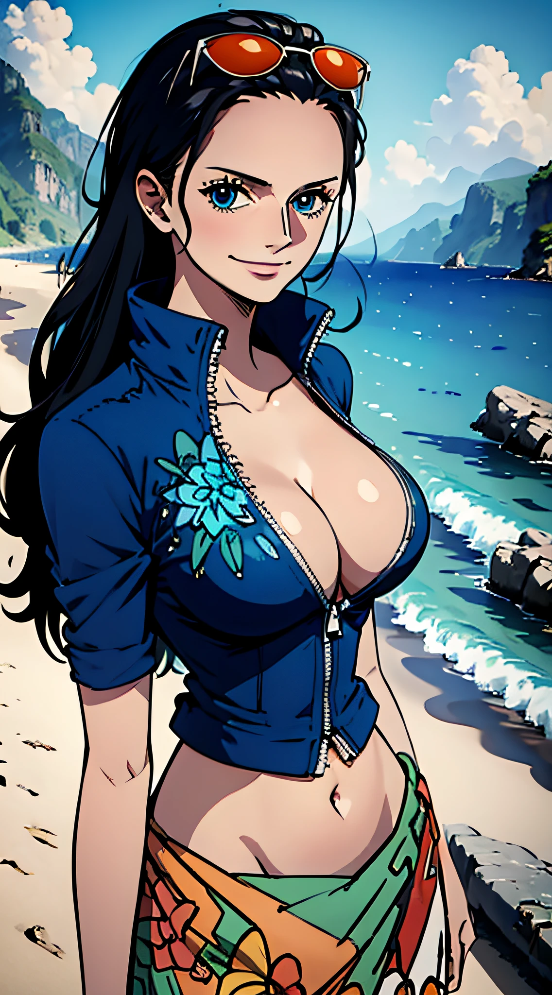 (((masterpiece))), NicoRobin, 1girl, solo, full body, long hair, looking at viewer, smile, blue eyes, large breasts, black hair, navel, holding, cleavage, closed mouth, standing, collarbone, jacket, short sleeves, cowboy shot, outdoors, sky, day, midriff, cloud, water, stomach, blue sky, crop top, groin, hand on hip, ocean, sunglasses, eyewear on head, zipper, cropped jacket, high collar, unzipped, sarong, hair slicked back, partially unzipped, print sarong,