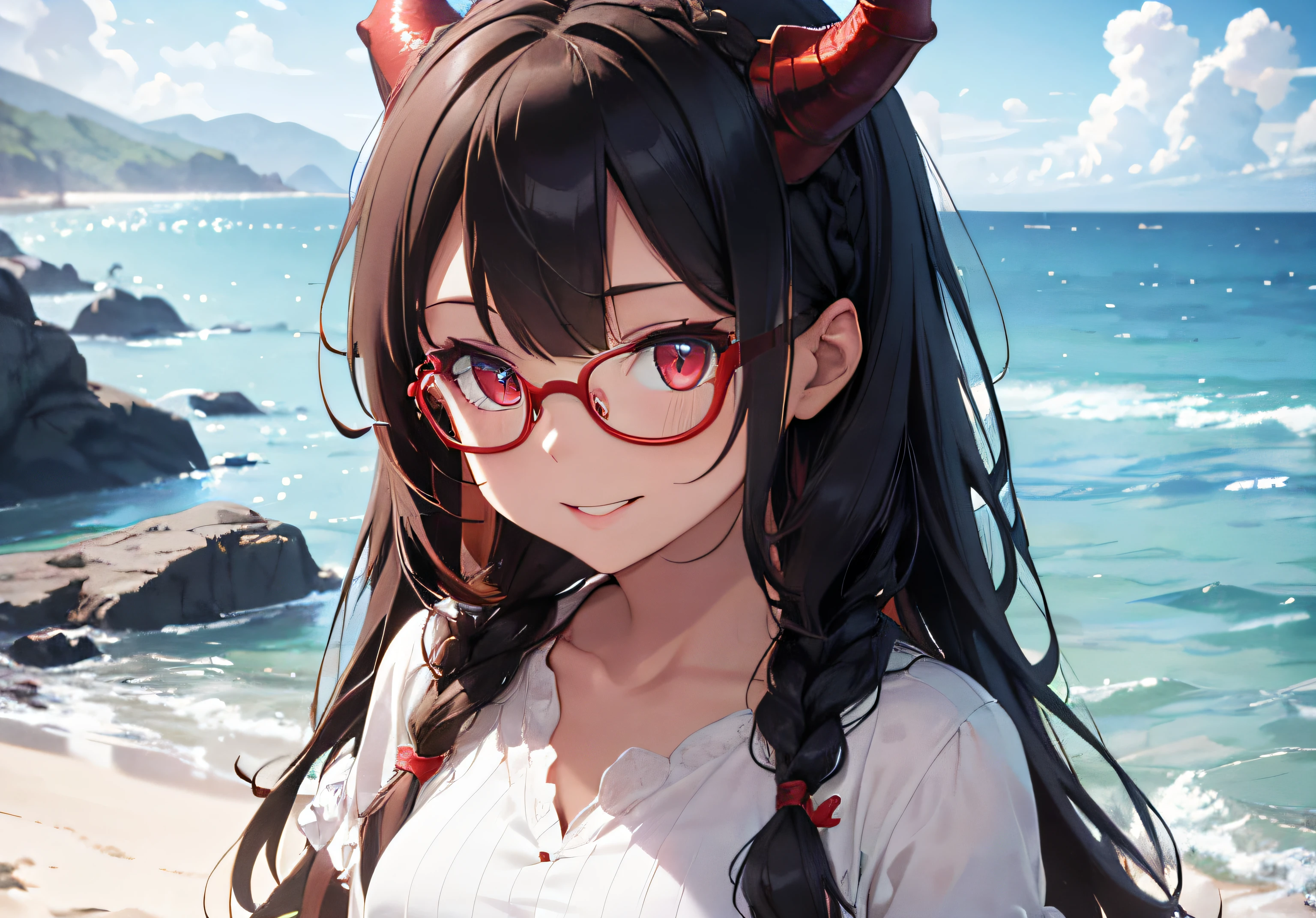 red oni girl, one horn, black hair, yellow eyes, lolita haircut, on tropical island, wearing glasses, horny face, nude, peeled, exhibitionism, tempting, 4k