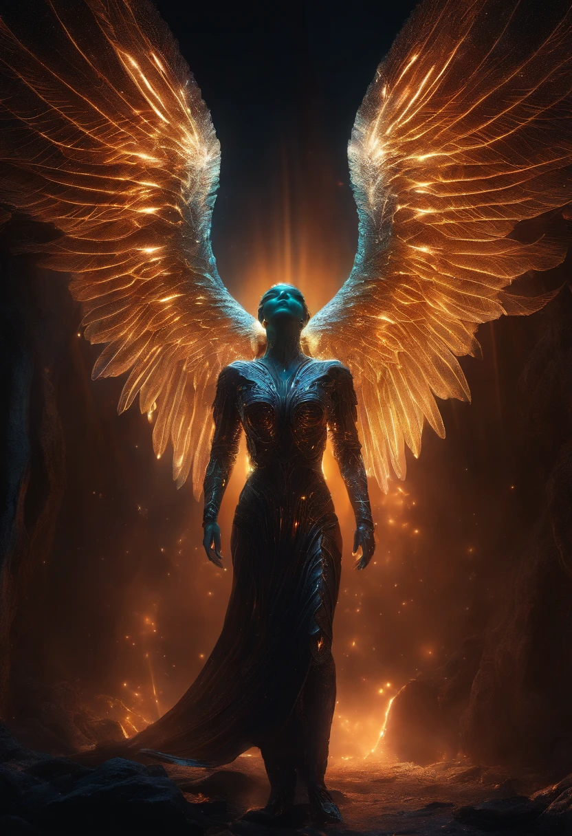 Cosmic Fallen Angel, glowing light eyes, Biomechanical, eerie, Creepy, nightmarish, Very bright colors, Light particles, with light glowing, Mshiff, wallpaper art, UHD wallpaper