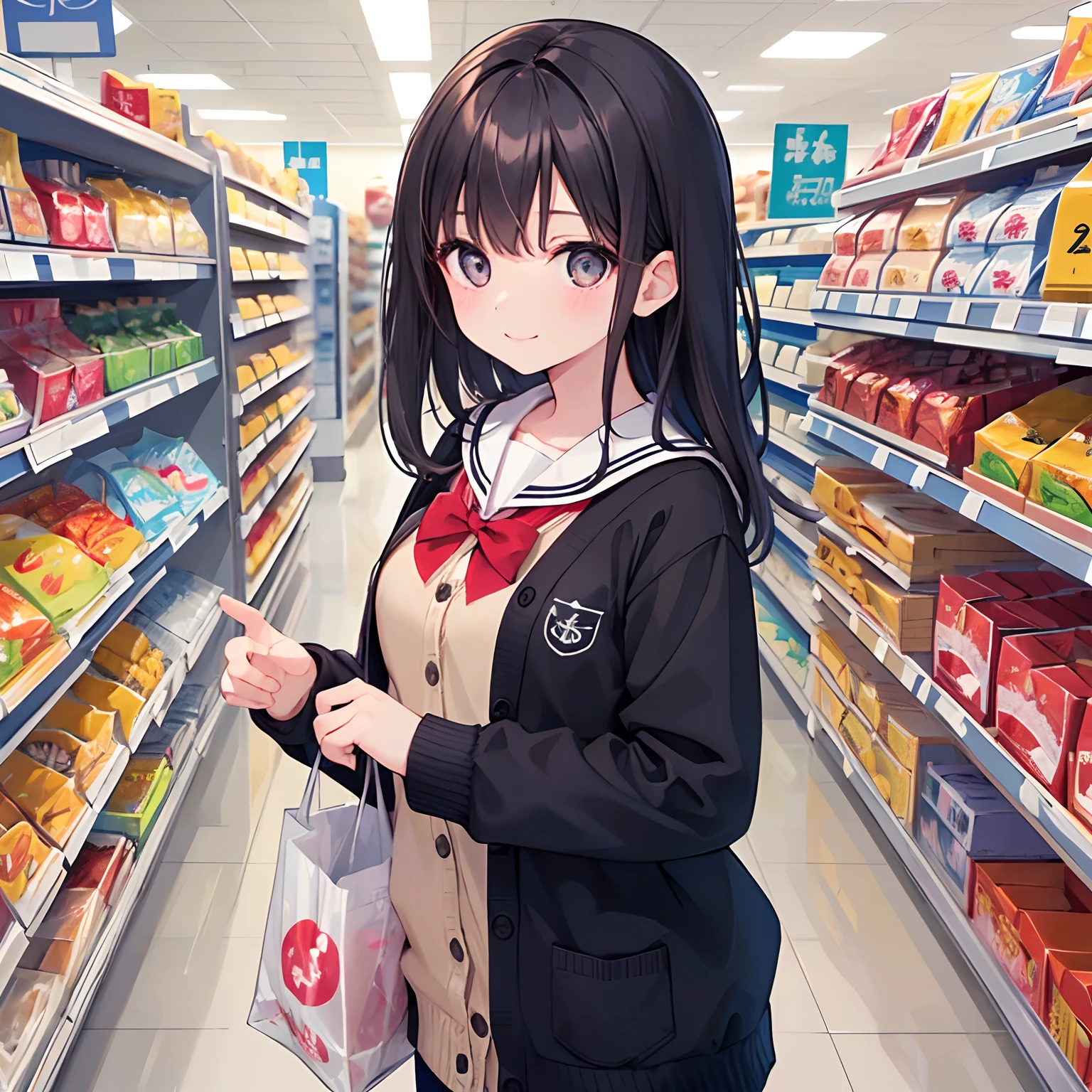 girl with、1 persons、Dark hair、Black eyes、length hair、A smile、Pupils、a sailor suit、Cardigan、supermarket、shopping
