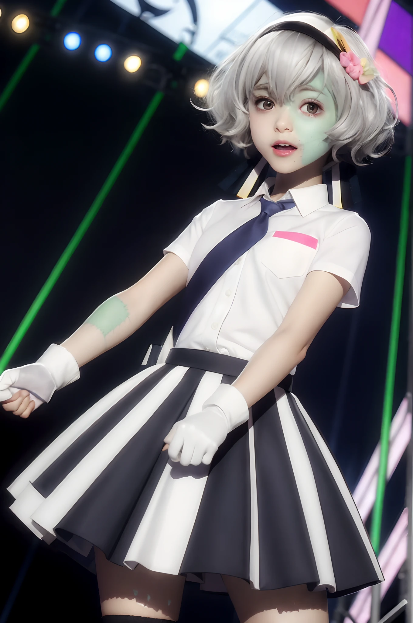 Smile, Junombie, multicolored skin, seam, patchwork skin,Patchwork_skin, zombie, Junombie 1 Girl, Solo, microphone, gloves, Idol, white_gloves, Skirt, Short_sleeves, Holding_microphone, Rain, Holding, Open_Mouth, up looking_で_viewer, bow ribbon, neck tie, pleats_Skirt, Shirt, puffies_Short_sleeves, puffies_sleeves, Black_Background, blush, cowboys_shot, greys_Skirt, Singing, outstretched_arms are, Dress, It features a simple_Background, white_Skirt, Standing, Collared_Shirt, Music, from a_Side, Jacket, foreshortening, Reaching_towards_viewer, greys_neck tie, white_Shirt, The upper part of the body_Body, Miniskirt, Blurry, Idol_Clothes, :o