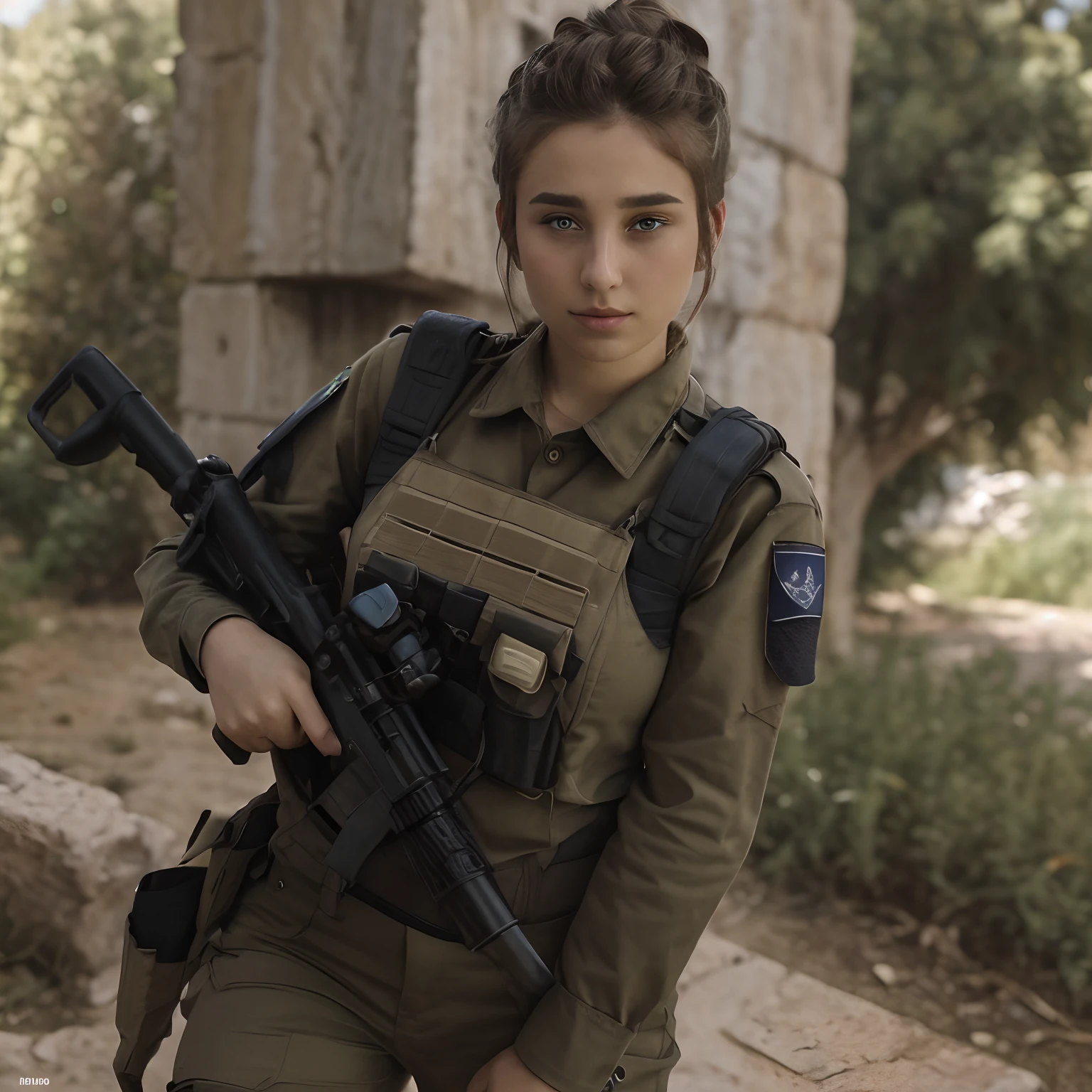 RAW photo, Fadeev , full bodyesbian, Natural skin, 8K  UHD, High quality, filmgrain, Hair in a bun, israeli uniform, battlefiled，Tactical moves，Aim and shoot