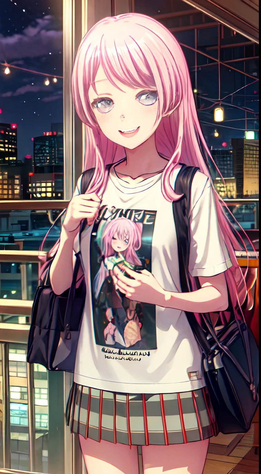 ((masterpiece :1.2)), (high quality), anon_chihaya, bang_dream, solo, long_hair, pink_hair, grey_eyes, happy, winking_eye, t-shirt, city, midnight, cute.