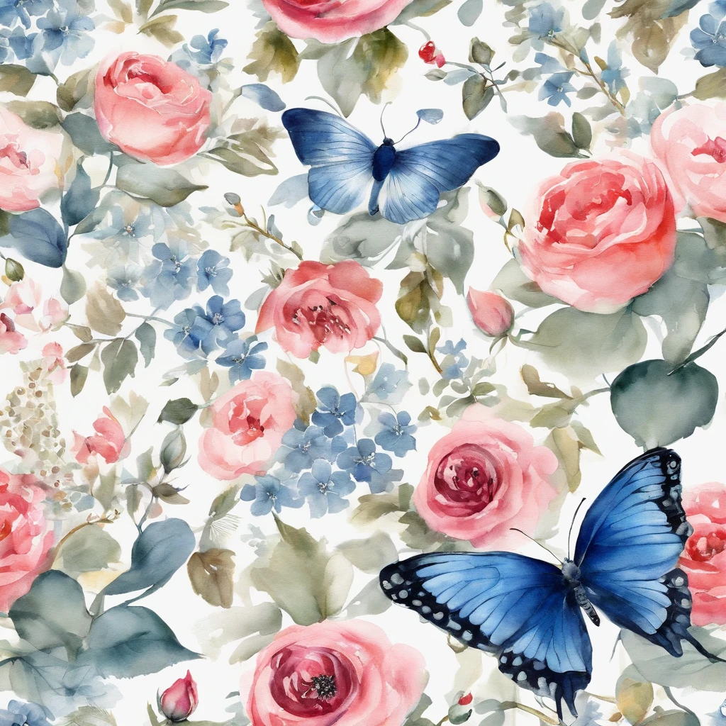 blue Butterfly,ukiyoe painting,Huge flowers,an rose flower,夏天