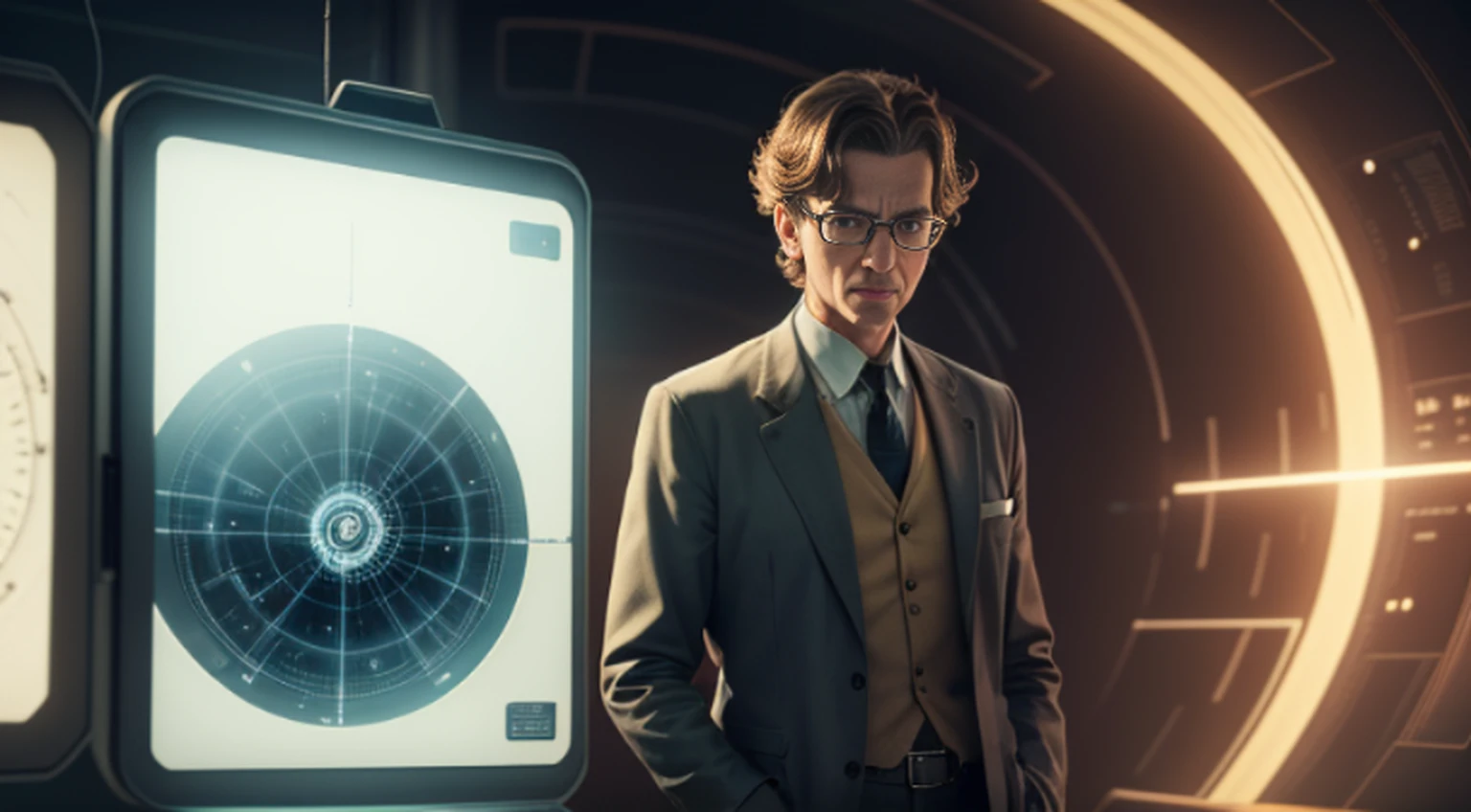 “A scientist enters a time machine and is caught between 2023 and 1950s, in a image split between the two years.”