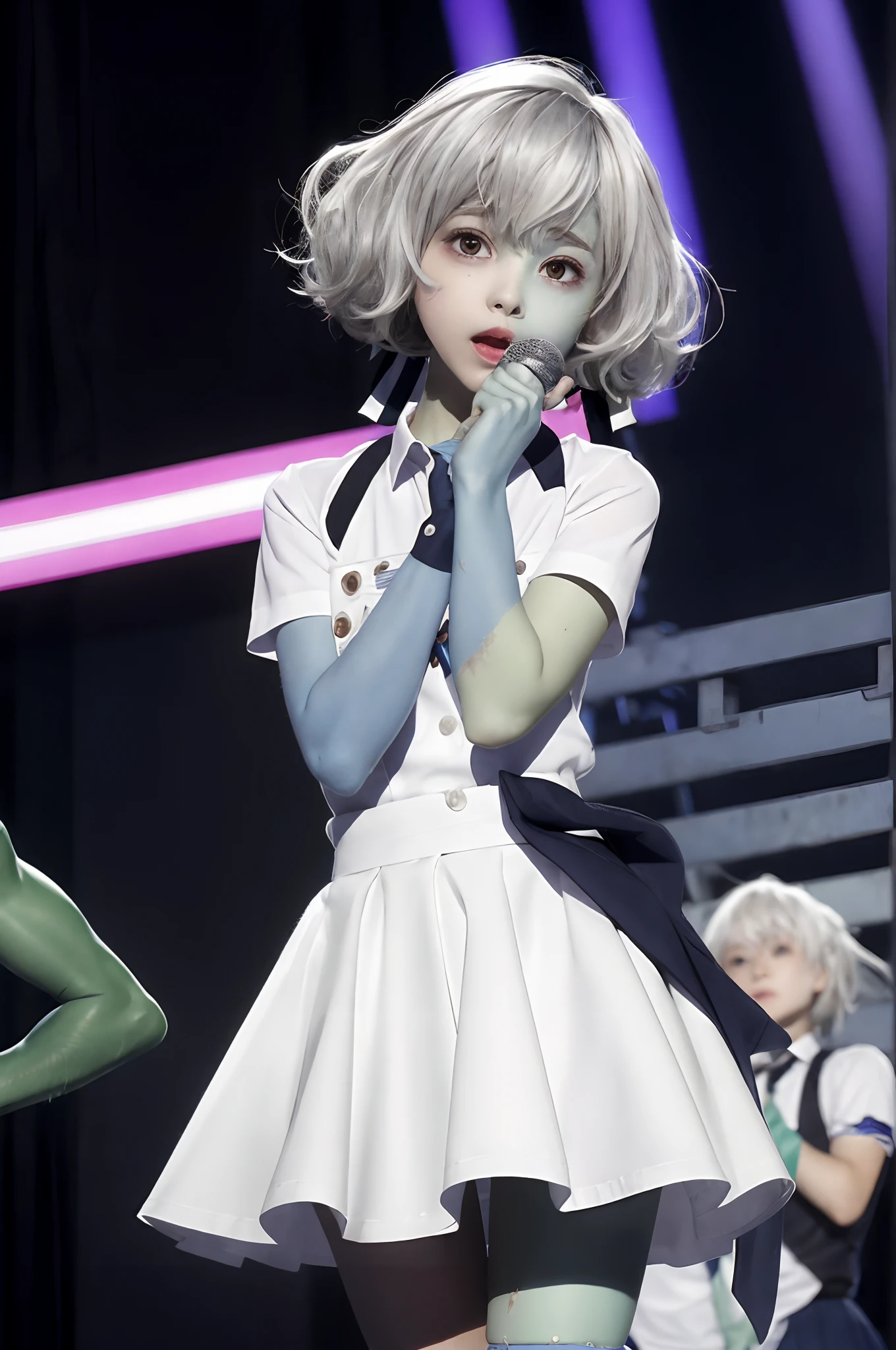 Smile, Junombie, multicolored skin, seam, patchwork skin,Patchwork_skin, zombie, Junombie 1 Girl, Solo, microphone, gloves, Idol, white_gloves, Skirt, Short_sleeves, Holding_microphone, Rain, Holding, Open_Mouth, up looking_で_viewer, bow ribbon, neck tie, pleats_Skirt, Shirt, puffies_Short_sleeves, puffies_sleeves, Black_Background, blush, cowboys_shot, greys_Skirt, Singing, outstretched_arms are, Dress, It features a simple_Background, white_Skirt, Standing, Collared_Shirt, Music, from a_Side, Jacket, foreshortening, Reaching_towards_viewer, greys_neck tie, white_Shirt, The upper part of the body_Body, Miniskirt, Blurry, Idol_Clothes, :o