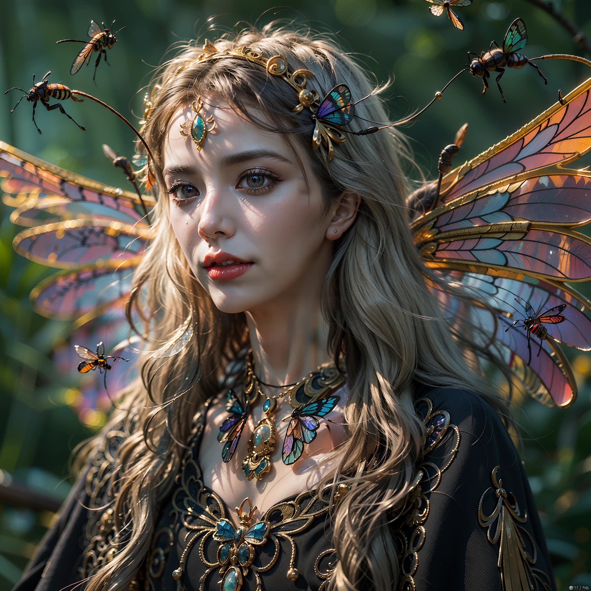 (Numerous award-winning masterpieces, stunning detail, Texture & Maximum Details), (Full-body standing image:1.8), (Upper body up:0.3), (A hyper-realistic:1.4), (realisitic:1.3), (best quality real texture skin), (Beautiful fairy high rank sorceress: 1.7), (Carrying a long, elaborately decorated wizard's staff, it emits a mysterious light: 1.7), (True circle symmetrical eyes with delicate details), (Beautiful face with exquisite drawing), ((Medieval world)), (Wearing the wizard's black hat: 1.6), (A jet-black cloak with delicate decorations: 1.6), (A cape of delicate decoration, Although damaged and faded: 1.5), (Full-body standing image:1.8), (beautiful and clear eyes), (slightly smile), (Eyes of beautiful colors, full of joy), (A high-class fairy sorcerer who unlocks magic at your fingertips: 1.3), (Magnificent shining mass of clouds and sky:1.4), (A magic circle that emits a strong glow: 1.3), dramatic lighting, A majestic sight, (Insect wings and wings are translucent.:1.8), (4 large, Transparent insect wings with wing veins, similar to dragonfly wings, behind the shoulders: 1.9), (((Folded wings))), Glass earrings in the ears, (((Dramatic photos))), (Full-body standing image:1.8), (Golden hair), (Silver hair), (Chestnut Hair), short cut hair, ((inquiry)), ((Looking down)), (On her neck is a simple necklace of exquisite workmanship), Old ruins infested with vegetation, Great temple, The Great Cathedral, Temple ruins, Detached temples, (Shining Magic Circle), Ruins of an ancient castle, Desolate ruins, crumbling ruins, Ancient ruins with clear water, highly detaild, A hyper-realistic, intriciate detail, Painting (artwork), ((Masterpiece,Best Quality)), ((Cinematic light)), A hyper-realistic, MACABRO, dark fantasy, divine light, epic realistic, murky, ((neutral colors)), fine art, (HDR:1.5), (muted colors:1.2), Hyper Detail, (Art Station:1.5), films, warm lightings, lighting effects, dramatic lighting, (intriciate detail:1.1), complicated background, (Greg Rutko