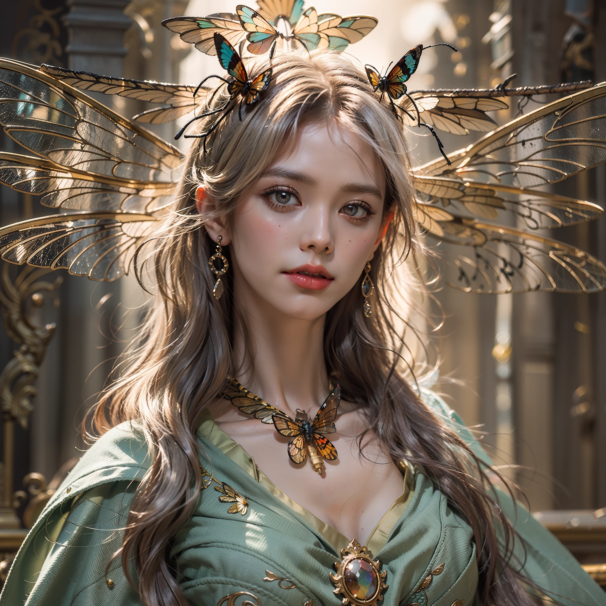 (Numerous award-winning masterpieces, stunning detail, Texture & Maximum Details), (Full-body standing image:1.8), (Upper body up:0.3), (A hyper-realistic:1.4), (realisitic:1.3), (best quality real texture skin), (Beautiful fairy high rank sorceress: 1.7), (Carrying a long, elaborately decorated wizard's staff, it emits a mysterious light: 1.7), (True circle symmetrical eyes with delicate details), (Beautiful face with exquisite drawing), ((Medieval world)), (Wearing the wizard's black hat: 1.6), (A jet-black cloak with delicate decorations: 1.6), (A cape of delicate decoration, Although damaged and faded: 1.5), (Full-body standing image:1.8), (beautiful and clear eyes), (slightly smile), (Eyes of beautiful colors, full of joy), (A high-class fairy sorcerer who unlocks magic at your fingertips: 1.3), (Magnificent shining mass of clouds and sky:1.4), (A magic circle that emits a strong glow: 1.3), dramatic  lighting, A majestic sight, (Insect wings and wings are translucent.:1.8), (4 large, Transparent insect wings with wing veins, similar to dragonfly wings, behind the shoulders: 1.9), (((Folded wings))), Glass earrings in the ears, (((Dramatic photos))), (Full-body standing image:1.8), (Golden hair), (Silver hair), (Chestnut Hair), short cut hair, ((inquiry)), ((Looking down)), (On her neck is a simple necklace of exquisite workmanship), Old ruins infested with vegetation, Great temple, The Great Cathedral, Temple ruins, Detached temples, (Shining Magic Circle), Ruins of an ancient castle, Desolate ruins, crumbling ruins, Ancient ruins with clear water, highly detaild, A hyper-realistic, intriciate detail, Painting (artwork), ((Masterpiece,Best Quality)), ((Cinematic light)), A hyper-realistic, MACABRO, dark fantasy, divine light, epic realistic, murky, ((neutral colors)), fine art, (HDR:1.5), (muted colors:1.2), Hyper Detail, (Art Station:1.5), films, warm lightings, lighting effects, dramatic  lighting, (intriciate detail:1.1), complicated background, (Greg Rutko