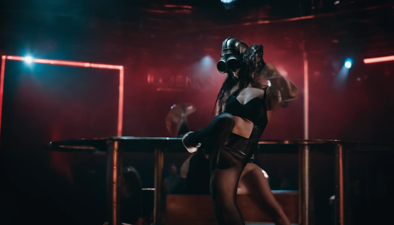 stripper dancing on a podium wearing a gas mask, latex leotard, dark clubbing, niightclub ultra detailed.