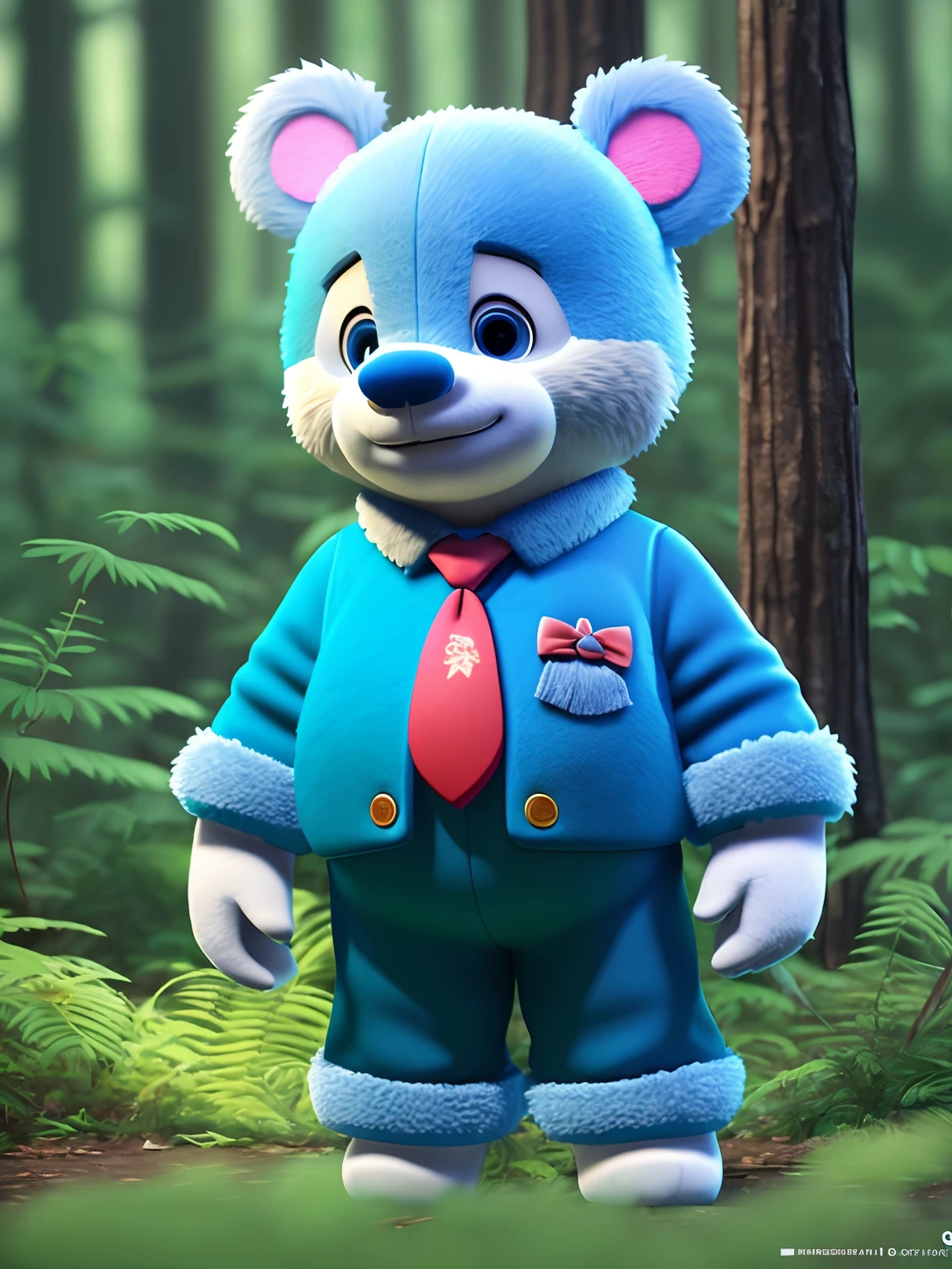 A blue teddy bear grandma in a sitter's suit stands in the woods, 3D model of a Japanese mascot, Maya 8 K, anime lush john 8k woods, 3 d character, 3d character, Diego 5, 3D model Pixar rendering, an animated character, 3 d character render, Fanart, movie character, rendered in maya, mischievous look :: rendering by octane