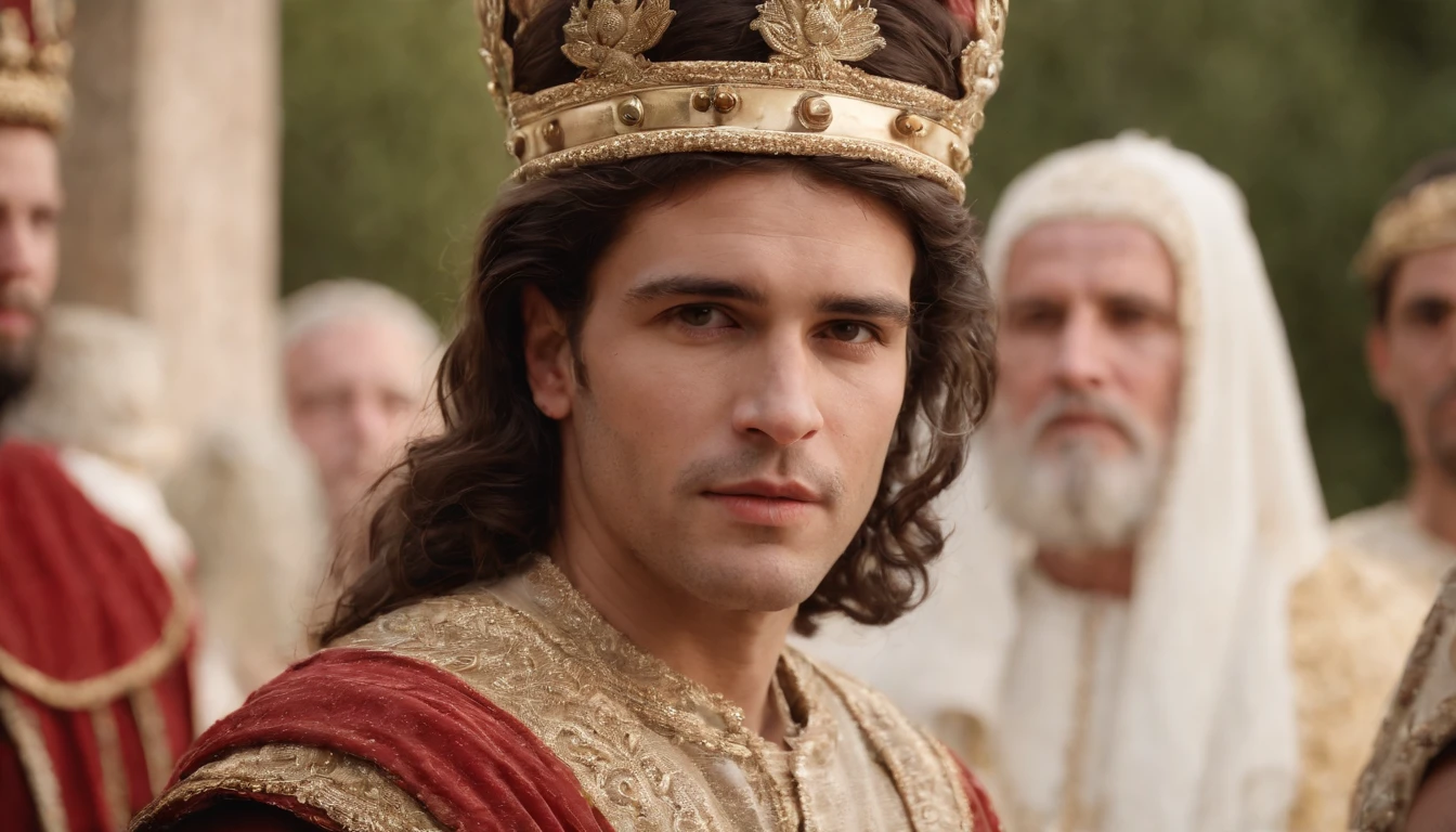 "The death of King David marks the transition of power to his son, Solomon. In a solemn coronation ceremony, Solomon ascends to the throne, his youthful face marked with a mixture of humility and determination, while the court and the nation look on with hope and uncertainty."
