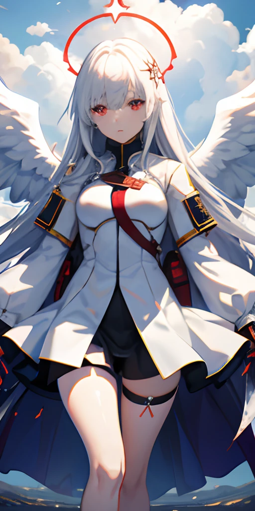 angelicales，girl with,splatters，on clouds， military outfits,White hair, Red Eyes, Magic Circle, landscape, Blood, , depth of fields, Daytime, light Particle, llight rays, side lights, thighs thighs thighs thighs, Fate (Series), GenshinImpact, Open jacket, thighs thighs thighs thighs, cloud
