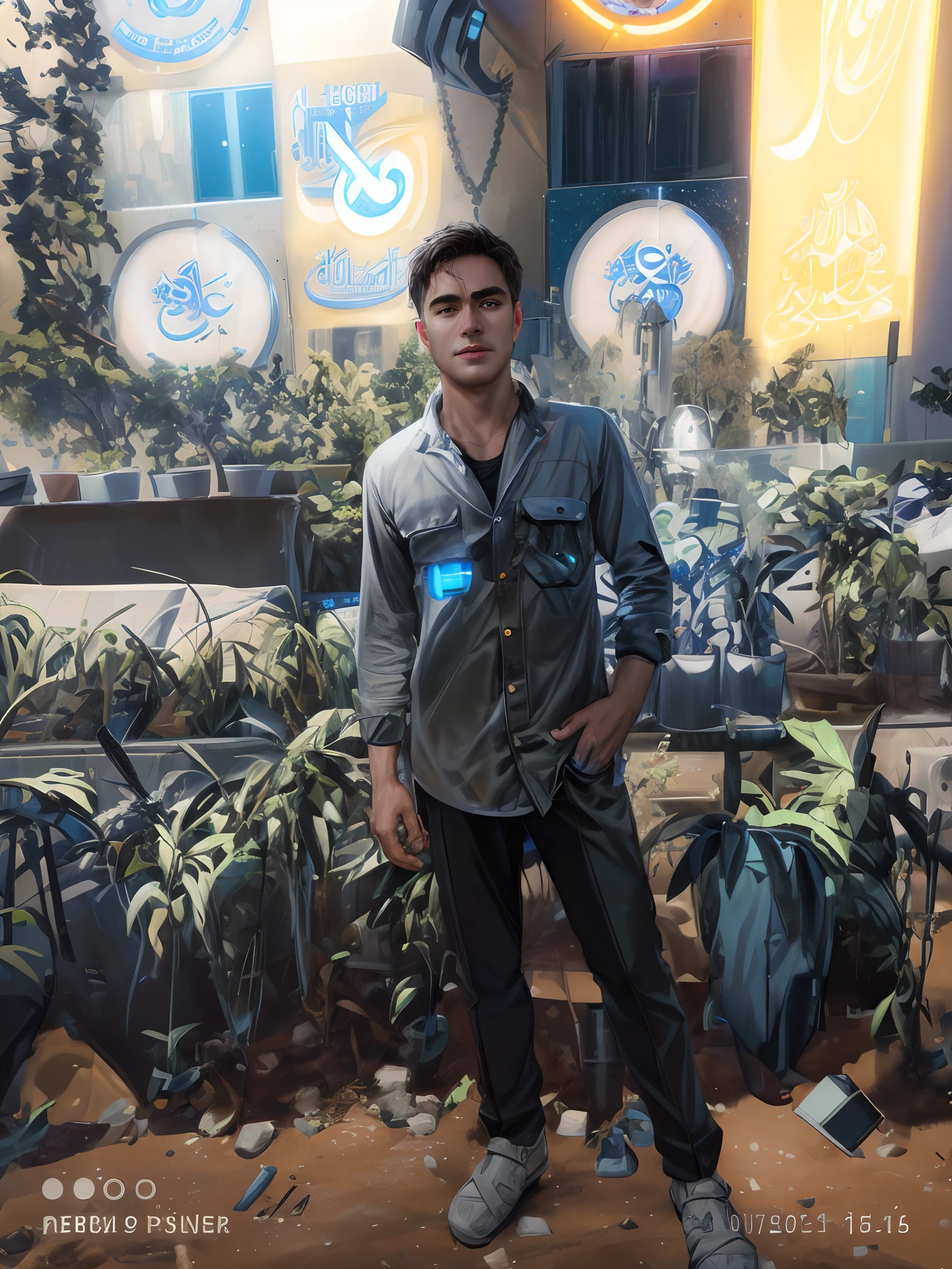 (Absurdres, Intricate Details, Masterpiece, Best Quality, High Resolution, 8k), 1 male, european, mature, aged up, handsome, finely detailed eyes and face, yellow french crop hair, blue eyes,cyborg portrait, looking at viewer, solo, (full body:0.6), detailed background, close up, detailed face, futuristic glowing steel armor, high-tech, gadgets, advanced technology, nanotech, headset, head-up display, epic galactic spaceship in background, lens flare, neon lights, electricity, explosions, screens, cinematic atmosphere, Depth of Field, VFX.
