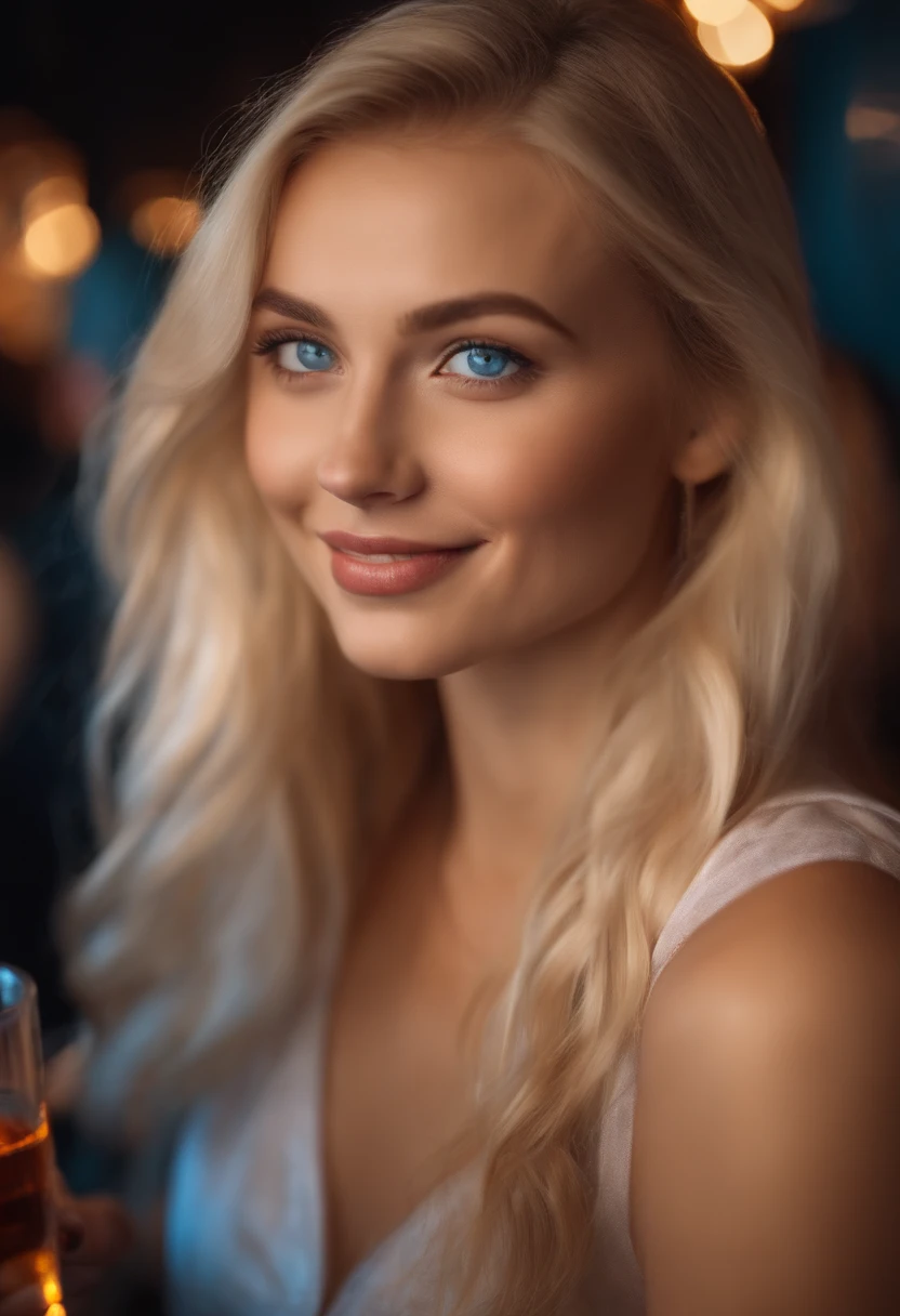 blonde hair girl with blue eyes in the club with freinds drinking having a good time