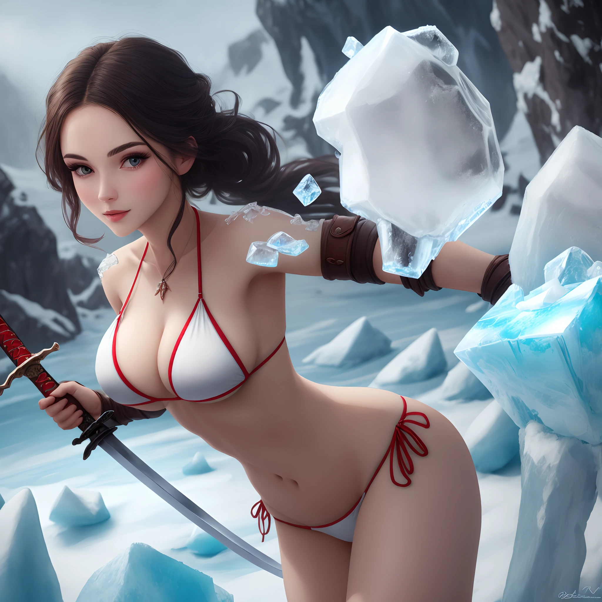 Beaitiful woman in bikini holding sword made of ice