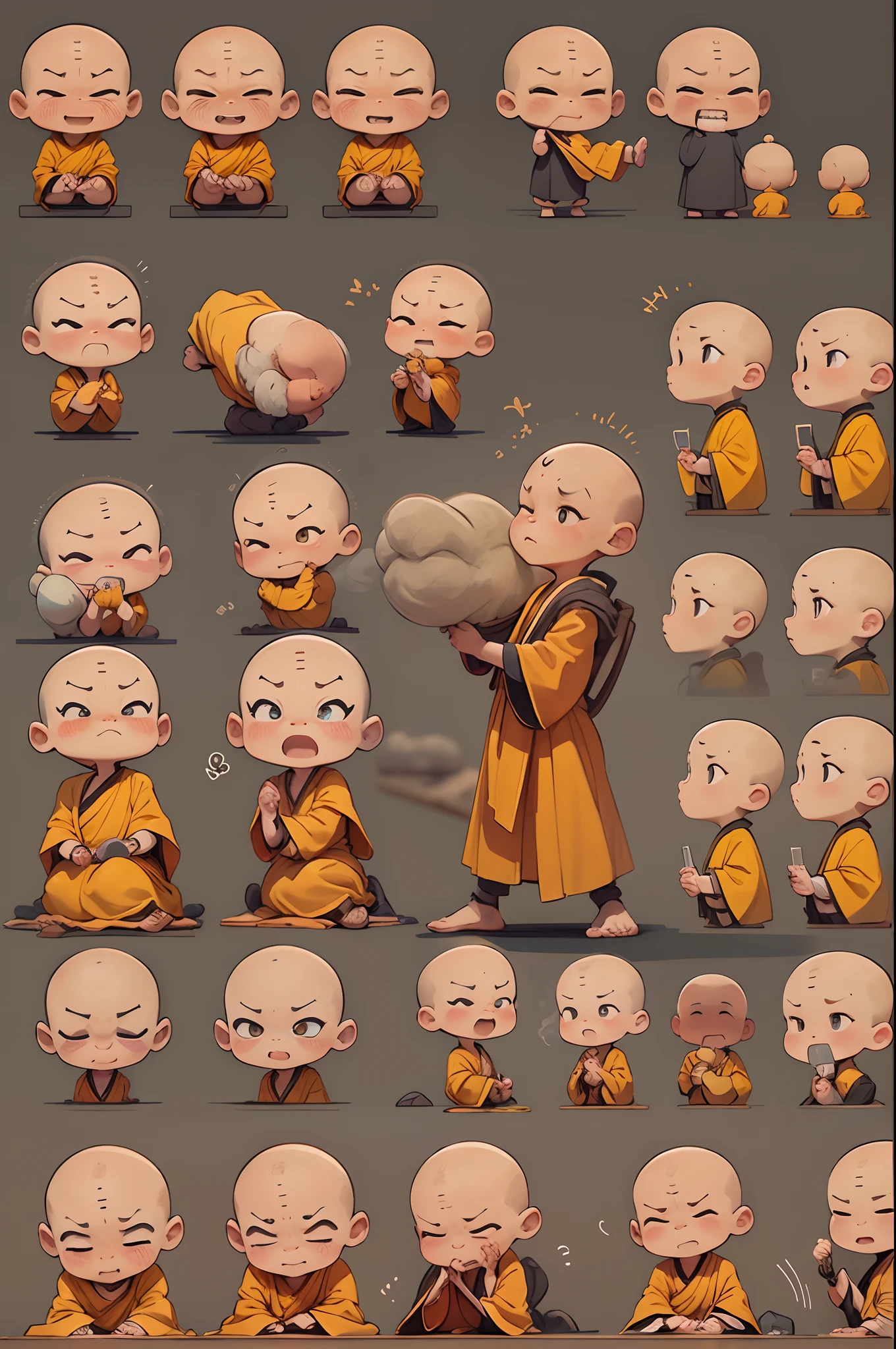 Cute  monk、（（（Bald head strengthening））），Monk's robe，emoj、Disney  style、Black strokes、differentemotions、Multiple locations and emojis、8K