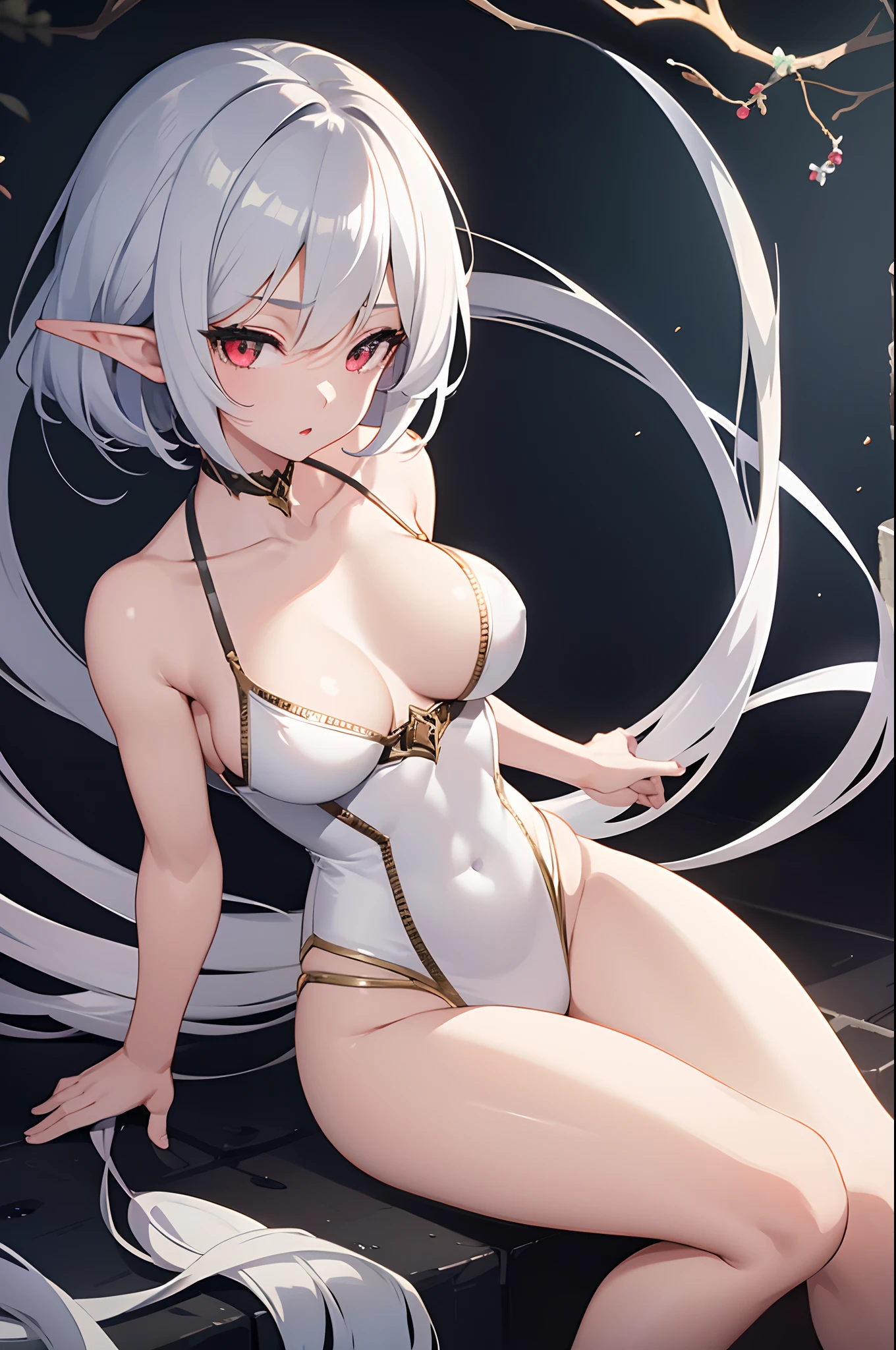 1girl, anime, cute girl, elf, blank background, white background, fantasy, detailed dark fantasy dress with highlights, beautiful face, beautiful eyes, dark colors, medium breasts, slight cleavage, beautiful skin, cute, silver hair, red eyes, breast curtains, extremely delicate and beautiful, (beautiful detailed face:1.0), (detailed deep eyes), symmetrical breasts, deep eyes, shiny skin, portrait, slender waist, hips wider than shoulders, thighs, young girl