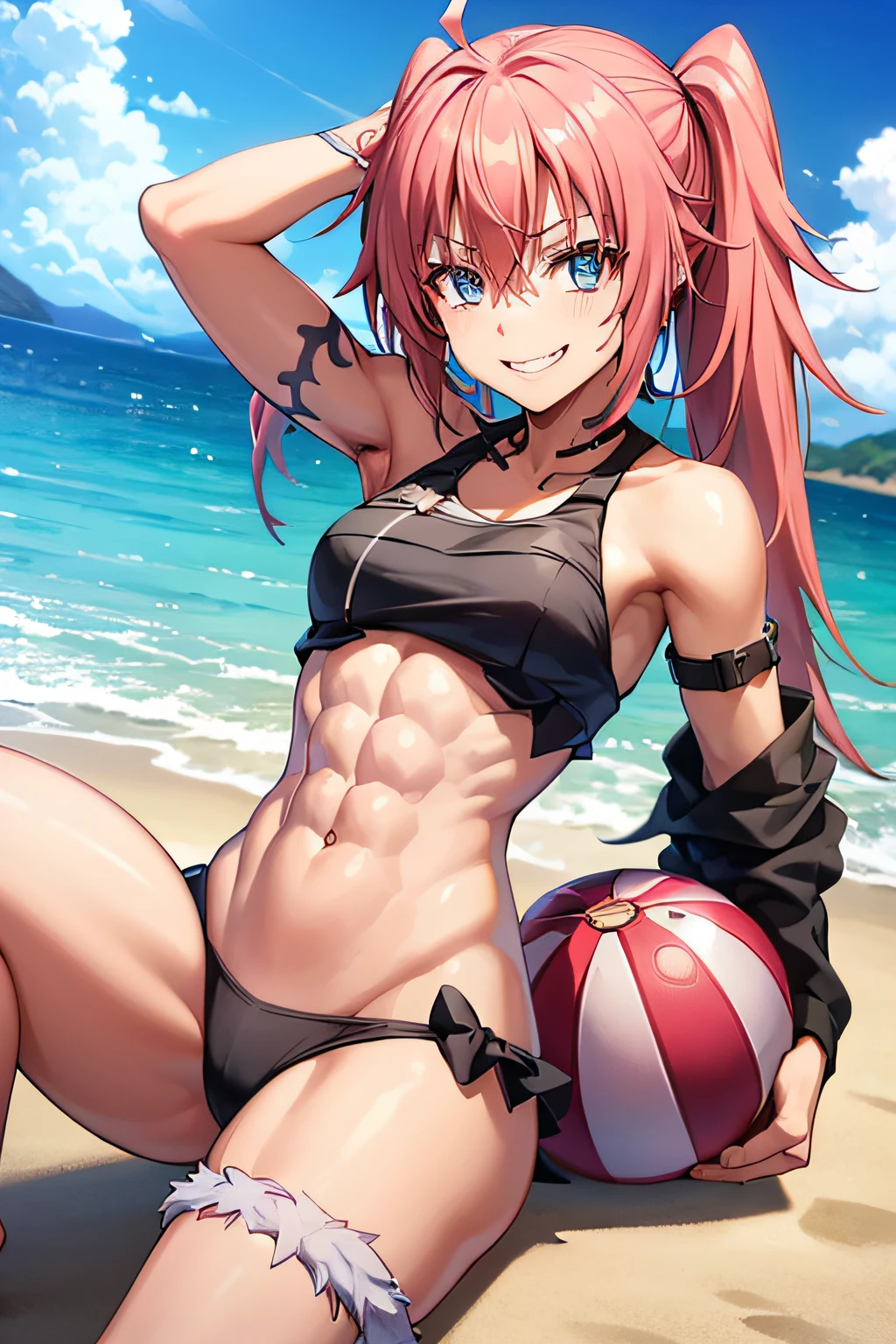 ((female)), (very messy hair), (happy smile), fangs, ((ripped abs)), toned arms and legs, small boobs, excessive sweating, (summer beach scenery), playing with beach ball, blue eyes, yacht in background,