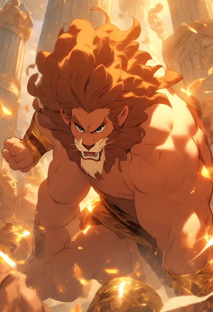 (((HERCULES))) best quality, ultra-high resolution, 4K detailed CG, masterpiece, man, Greek clothing, temple, Greek mythology, lion, ((fighting with the lion)), Greek painting style, aesthetics, screen-centered