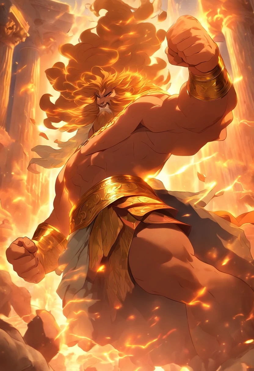 (((HERCULES))) best quality, ultra-high resolution, 4K detailed CG, masterpiece, lion, man, Greek clothing, temple, Greek mythology, ((fighting with the lion)), Greek painting style, aesthetics, screen-centered