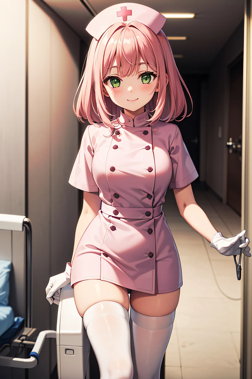 1woman, solo, nurse, nurse cap, white wear, ((white legwear, zettai ryouiki)), white gloves, pink hair, green eyes, drooping eyes, ((white surgical mask, covered nose)), standing, ((hospital room)), sharp outline, short sleeves, mature female, 32 years old, best quality, masterpiece