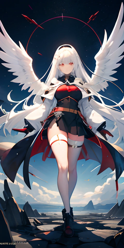 ((Red feather ornaments)), ((((Huge white wings)))), White cloak, White boots, (frontage), Under the sunlight, (By the window), White hair, bangs, ahoge, Long hair, Halo, Red eyes, Blush, Blush, Light smile, High detail, anime big breast, Chiaroscuro, Ray tracing, shadowing, character sheets, first person perspective, 16k, hyper HD, Masterpiece, High quality, High details, Award-Awarded, Best quality, ccurate, Anatomically correct,correct hand,5 fingers,Dull hair
