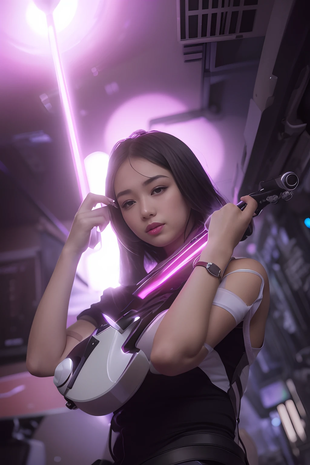 Highest image quality, outstanding details, ultra-high resolution, (realism: 1.4), the best illustration, favor details, highly condensed 1girl, with a delicate and beautiful face, dressed in a black and fuschia mecha, wearing a mecha helmet, holding a directional controller, riding on a motorcycle, the background is a high-tech lighting scene of the future city.