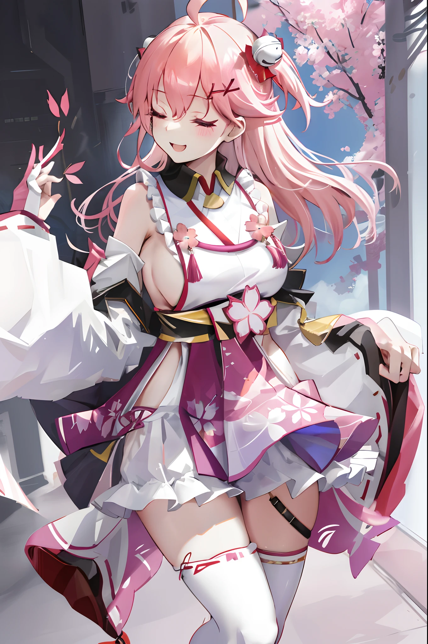 masterpiece, best quality, highres, miko1, sakura_miko, 1girl, big_boobs, solo, ahoge, x_hair_ornament, pink_hair, floral print, hairclip,(side_less_clothes:1.5), (side_boobs:1.5), hair_bell, floral print, long_hair, hair between eyes, one side up, white thighhighs, asymmetrical legwear, wide sleeves, open_mouth,(happy:1.3),close_eyes,big_smile,rising_leg,plump,apart_legs,(overly_long_sleeves:1.3),(beautiful_fingers),sleeves_past_wrists,hands_hidden_sleeves,sidelock_clothes,dynamic_posing,solo,hidden_wrists,(XD:1.4),