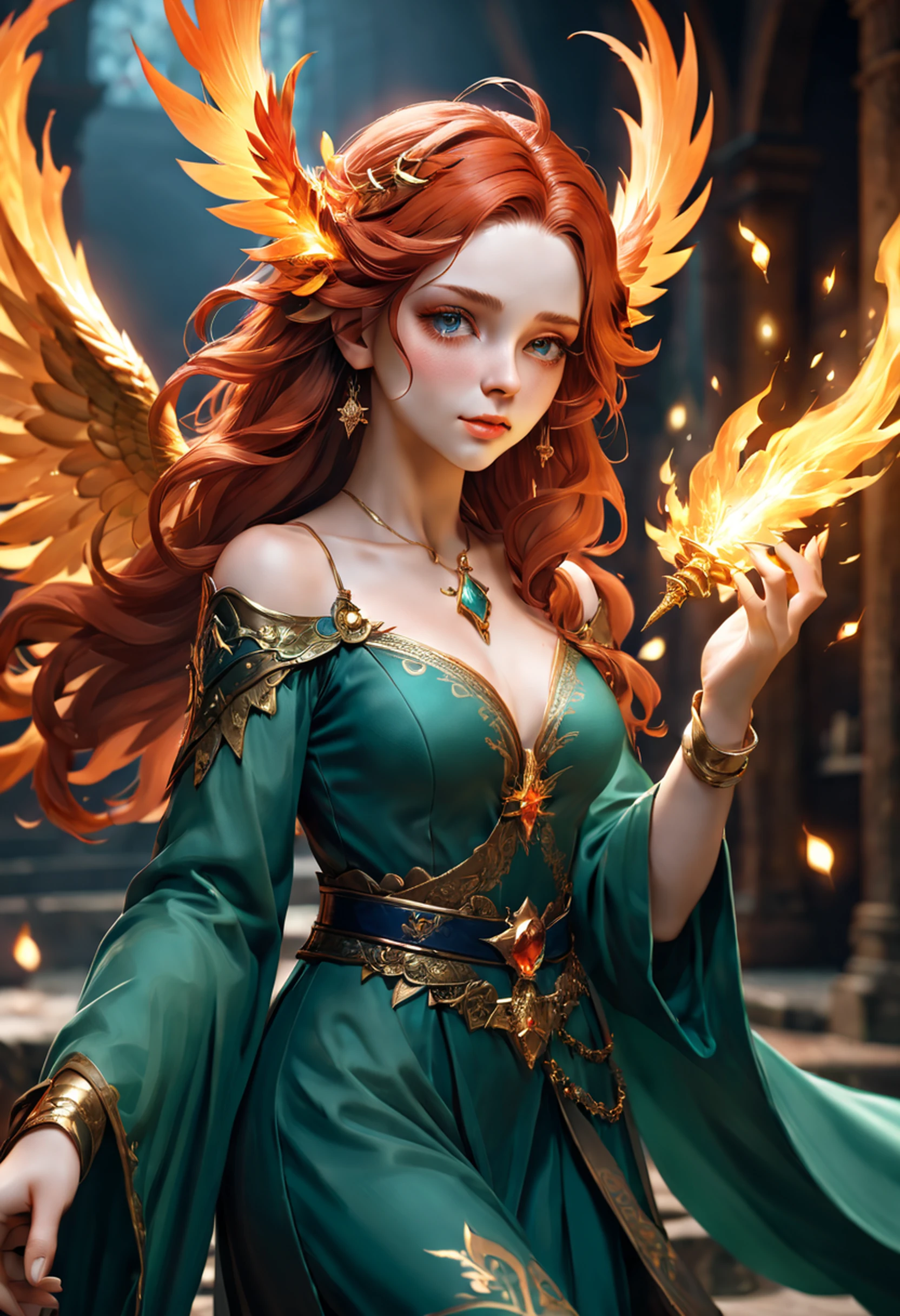 8k, ultra detalhado, master part, melhor qualidade, (extremamente detalhado), Arafed, arte dnd, scenic view, corpo inteiro, Aasimar sorceress casting a flaming spell, Aasimar, female, (Obra-prima 1.3, Detalhes intensos), female, feiticeira, Casting Flaming Spell (Obra-prima 1.3, Detalhes intensos) grandes asas angelicais, Open Blue Angelic Wings (Obra-prima 1.3, Detalhes intensos), magical fantasy background (Obra-prima 1.5, Detalhes intensos), lua, Estrelas, nuvem, vestindo manto verde,, Capa verde escura, flowing robe (Obra-prima 1.3, Detalhes intensos), Botas de salto alto (Obra-prima 1.3, Detalhes intensos), armado com pessoal, red hair, olhos verdes, olhos intensos, Feminino, Face Ultra Detalhada, (Obra-prima 1.5, melhor qualidade), anatomicamente correto (Obra-prima 1.3, Detalhes intensos), face determinada, Luz Divina, Cinematic lighting, luz suave, silhueta, fotorrealismo, scenic view (Obra-prima 1.3, Detalhes intensos) , Wide-Angle, Ultra-Grande Angular, 8k, Altas, melhor qualidade, Detalhes altos