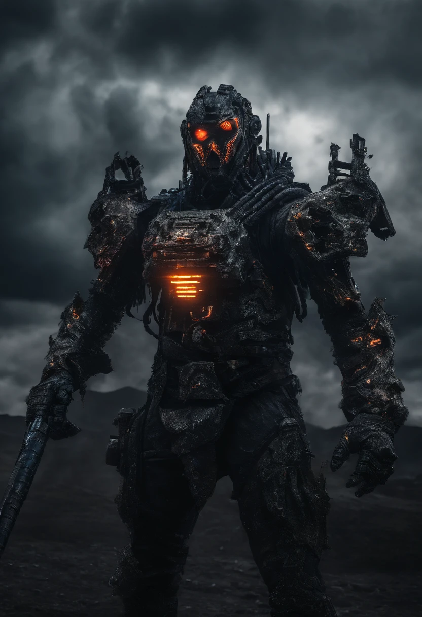 Cyberpunk Dread Warrior wearing Neon Mecha Armour Holding a Staff, glowing light eyes, Wide Shot, Biomechanical, eerie, Creepy, nightmarish, Very bright neon colours, Light particles, with light glowing, winner of the year's best photo, the world on fire, post-apocalyptic hellscape military photography, photo epic of the year, fire on the horizon, epic cinematic shot, pure form, intricate detail, 8k post-production, High resolution, super Detail,