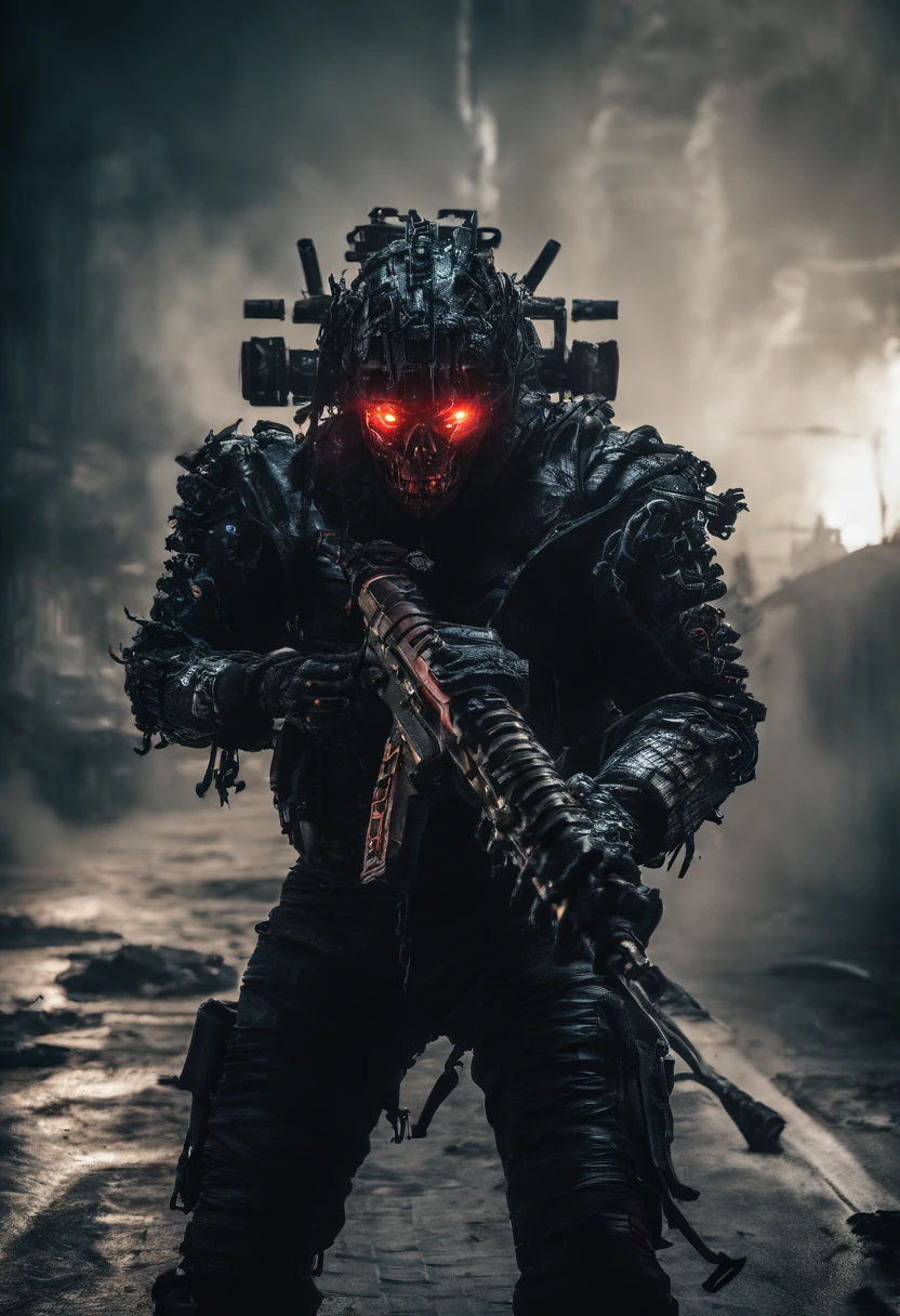 Cyberpunk Dread Warrior wearing Neon Mecha Armour Holding a Staff, glowing light eyes, Wide Shot, Biomechanical, eerie, Creepy, nightmarish, Very bright neon colours, Light particles, with light glowing, winner of the year's best photo, the world on fire, post-apocalyptic hellscape military photography, photo epic of the year, fire on the horizon, epic cinematic shot, pure form, intricate detail, 8k post-production, High resolution, super Detail,