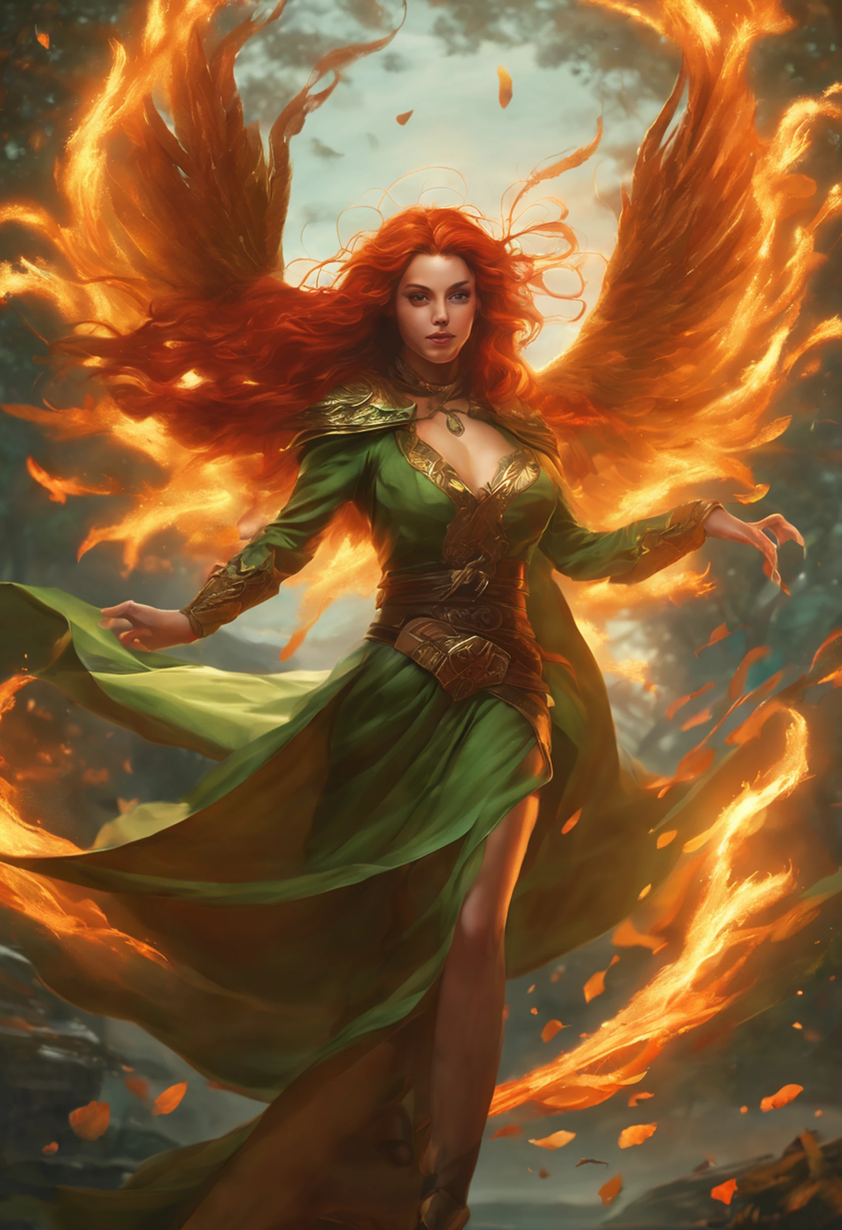 8k, ultra detalhado, master part, melhor qualidade, (extremamente detalhado), Arafed, arte dnd, scenic view, corpo inteiro, Aasimar sorceress casting a flaming spell, Aasimar, female, (Obra-prima 1.3, Detalhes intensos), female, feiticeira, Casting Flaming Spell (Obra-prima 1.3, Detalhes intensos) grandes asas angelicais, Open Blue Angelic Wings (Obra-prima 1.3, Detalhes intensos), magical fantasy background (Obra-prima 1.5, Detalhes intensos), lua, Estrelas, nuvem, vestindo manto verde,, Capa verde escura, flowing robe (Obra-prima 1.3, Detalhes intensos), Botas de salto alto (Obra-prima 1.3, Detalhes intensos), armado com pessoal, red hair, olhos verdes, olhos intensos, Feminino, Face Ultra Detalhada, (Obra-prima 1.5, melhor qualidade), anatomicamente correto (Obra-prima 1.3, Detalhes intensos), face determinada, Luz Divina, Cinematic lighting, luz suave, silhueta, fotorrealismo, scenic view (Obra-prima 1.3, Detalhes intensos) , Wide-Angle, Ultra-Grande Angular, 8k, Altas, melhor qualidade, Detalhes altos
