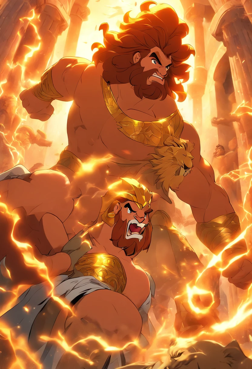 (((HERCULES))) best quality, ultra-high resolution, 4K detailed CG, masterpiece, man, Greek clothing, temple, Greek mythology, lion, ((fighting with the lion)), Greek painting style, aesthetics, screen-centered