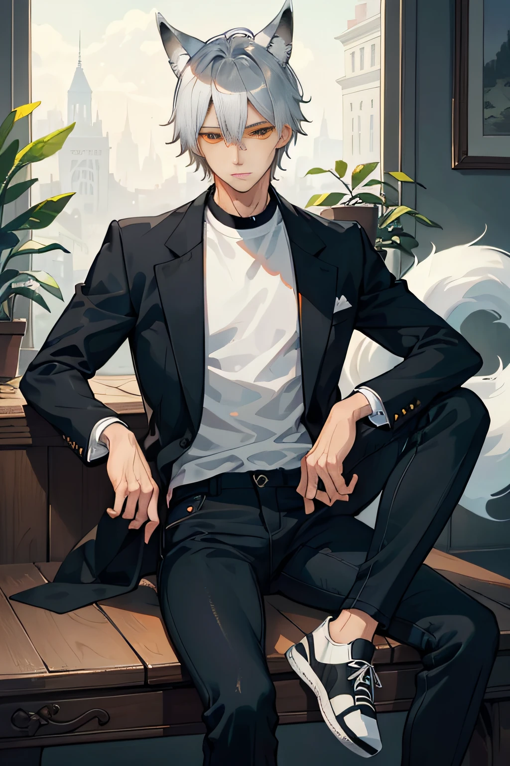 (AS-Young:1.1), (1boys:1.3), (Male focus:1.3), (Solo:1.1), solofocus, Masterpiece, ((Exquisite_detail)), illustration, (Handsome), extremely_Detailed_CG, Orange eyes, Silver short bob hair,White fox ears,Sit and drink coffee,one fox tail,whitet-shirt,black black jacket,Black jeans,athletic sneakers,