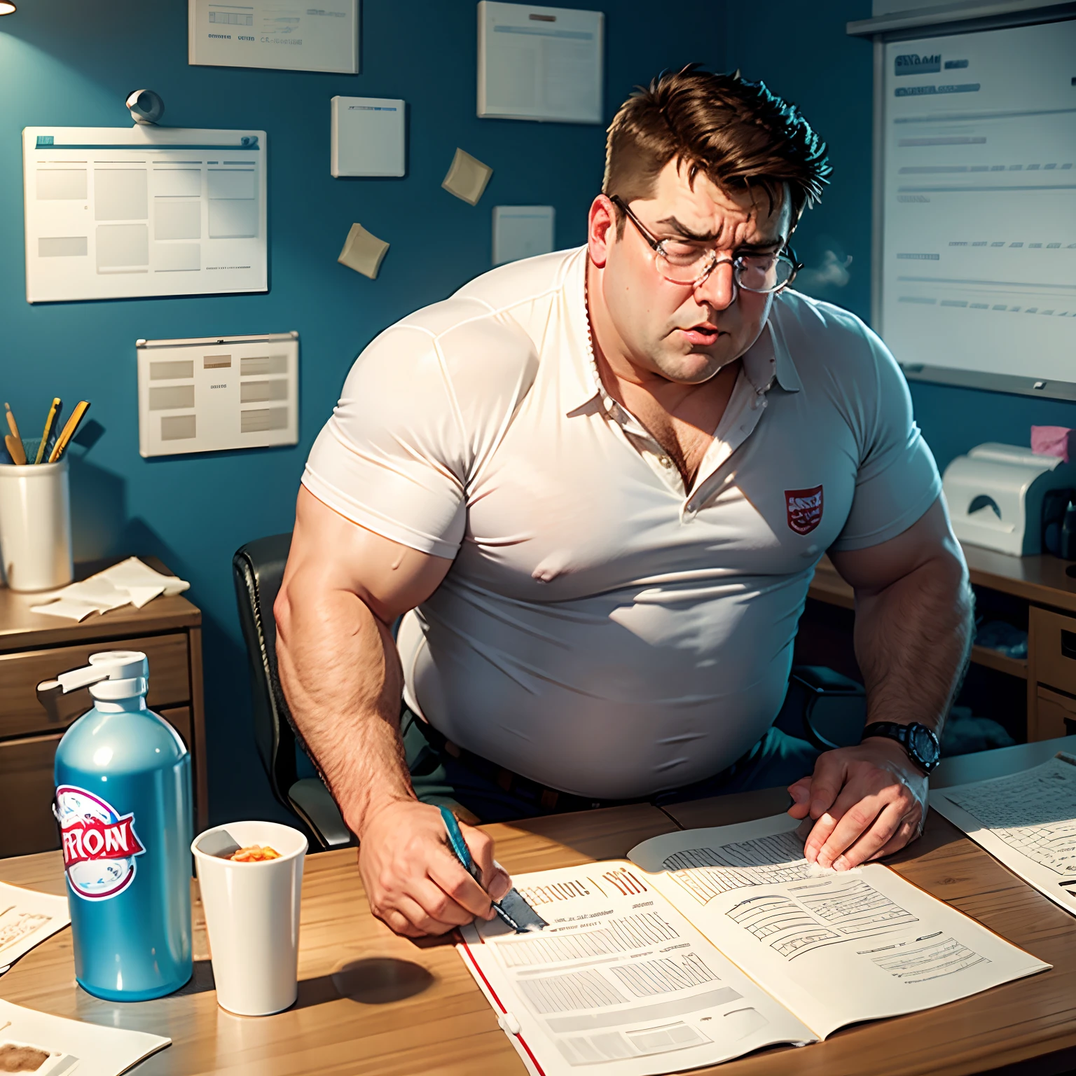 Realistic Peter griffin snorting cocaine off his desk with a bottle of lotion and balled up pieces of crusty toilet paper
