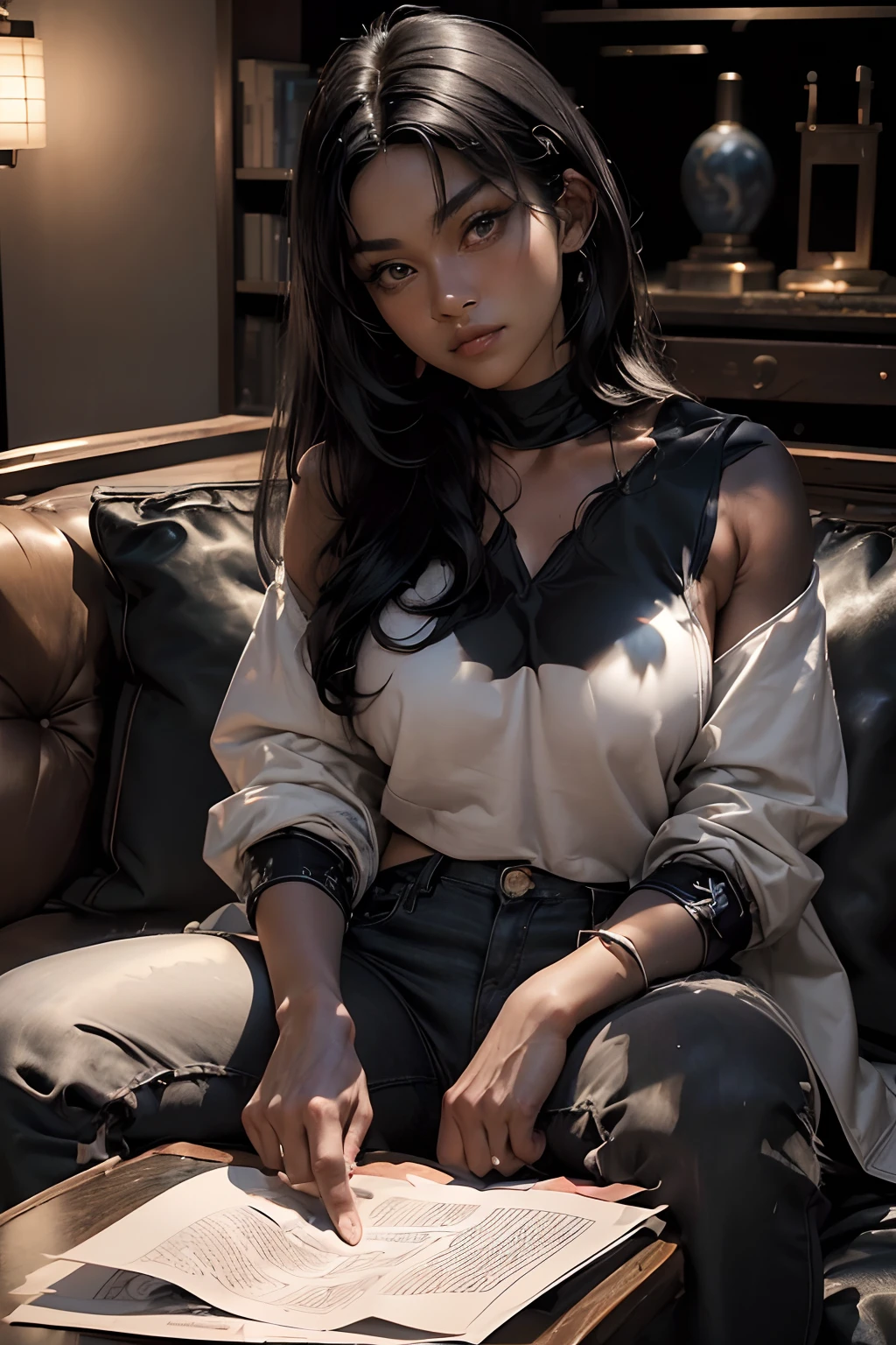 # Add tan,(tanned_skin:2.1),(dark_skin:2.1),(a Japanese woman sitting on the living_room sofa:1.5),(hold a paper:1.5),(big_tits:1.7), (broad_shouldered:2.1),(bulging_biceps:2.1),(massive_deltoids:2.1),(a narrow waist:1.5),(six-pack abs:1.5),(big buttocks:1.5), (wearing a white sports bra and blue jeans:1.5),no-makeup,(black_hair:1.8),(long_hair:1.8),(straight_hair:1.8),Luxury Apartment Room,Pose with slightly open legs,(look down with disdain:1.5),goddess of Japan, Sultry body with sexy belly,Sexy body,Beautiful body and face,Sexy hot body,Attractive body,Photorealistic perfect body,Asian,Sexy body and face,a cold expression,scornful,(big eyes:1.1),(the eyes resembling those of a cat:1.1),frowning,Black iris,thin nose,lofty nose