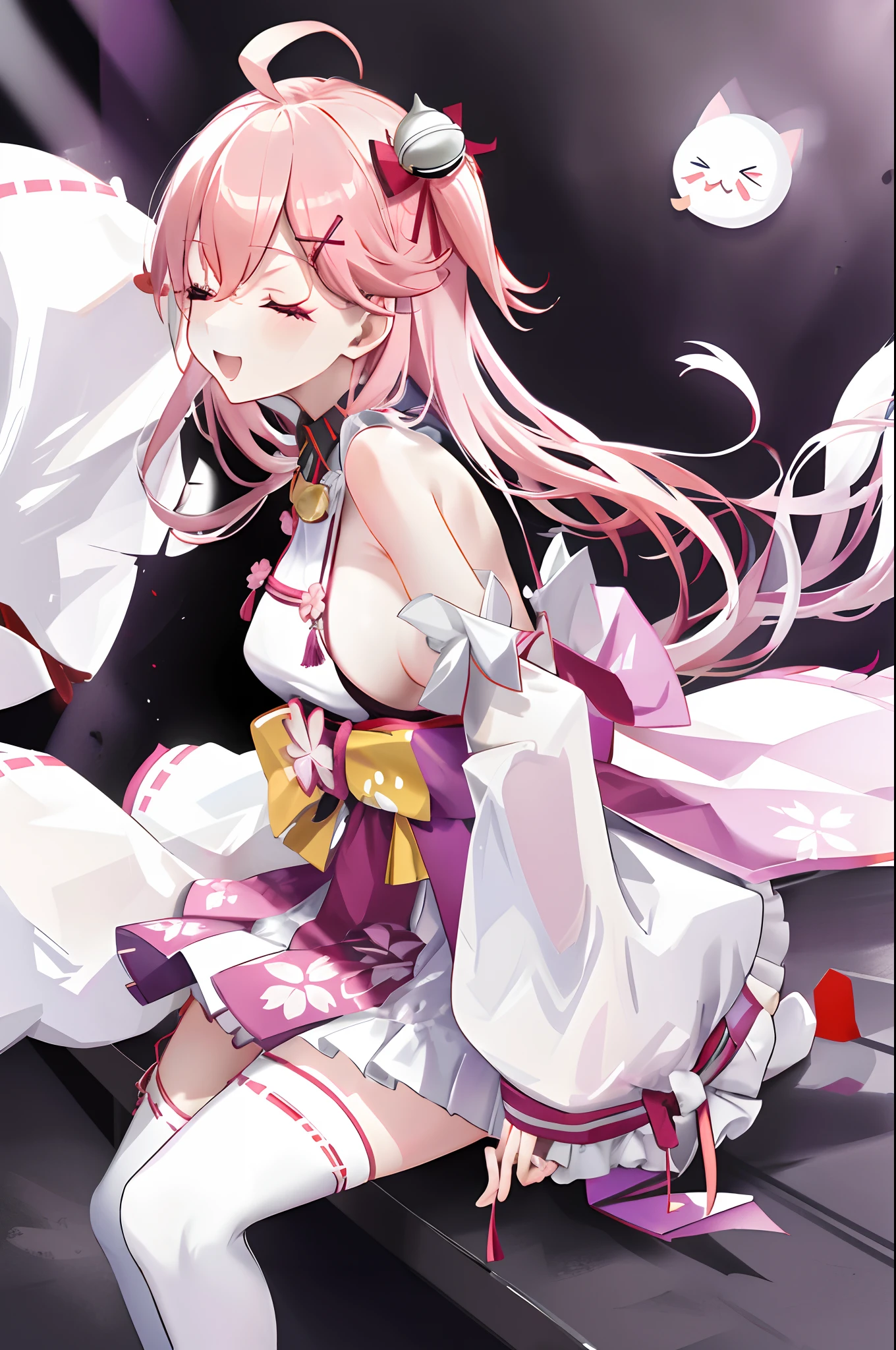 masterpiece, best quality, highres, miko1, sakura_miko, 1girl, big_boobs, solo, ahoge, x_hair_ornament, pink_hair, floral print, hairclip,(side_less_clothes:1.5), (side_boobs:1.5), hair_bell, floral print, long_hair, hair between eyes, one side up, white thighhighs, asymmetrical legwear, wide sleeves, open_mouth,(happy:1.3),close_eyes,big_smile,rising_leg,plump,apart_legs,(overly_long_sleeves:1.3),(beautiful_fingers),sleeves_past_wrists,hands_hidden_sleeves,sidelock_clothes,dynamic_posing,solo,hidden_wrists,(XD:1.4),
