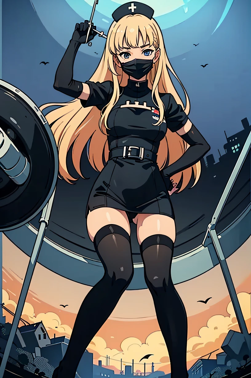 black nurse, 1girl, solo, black nurse cap, black wear, ((black legwear, zettai ryouiki)), black elbow gloves, blonde hair, blue eyes, ((black surgical mask, covered nose)), standing, ((surgery room)), sharp outline, short sleeves, best quality, masterpiece