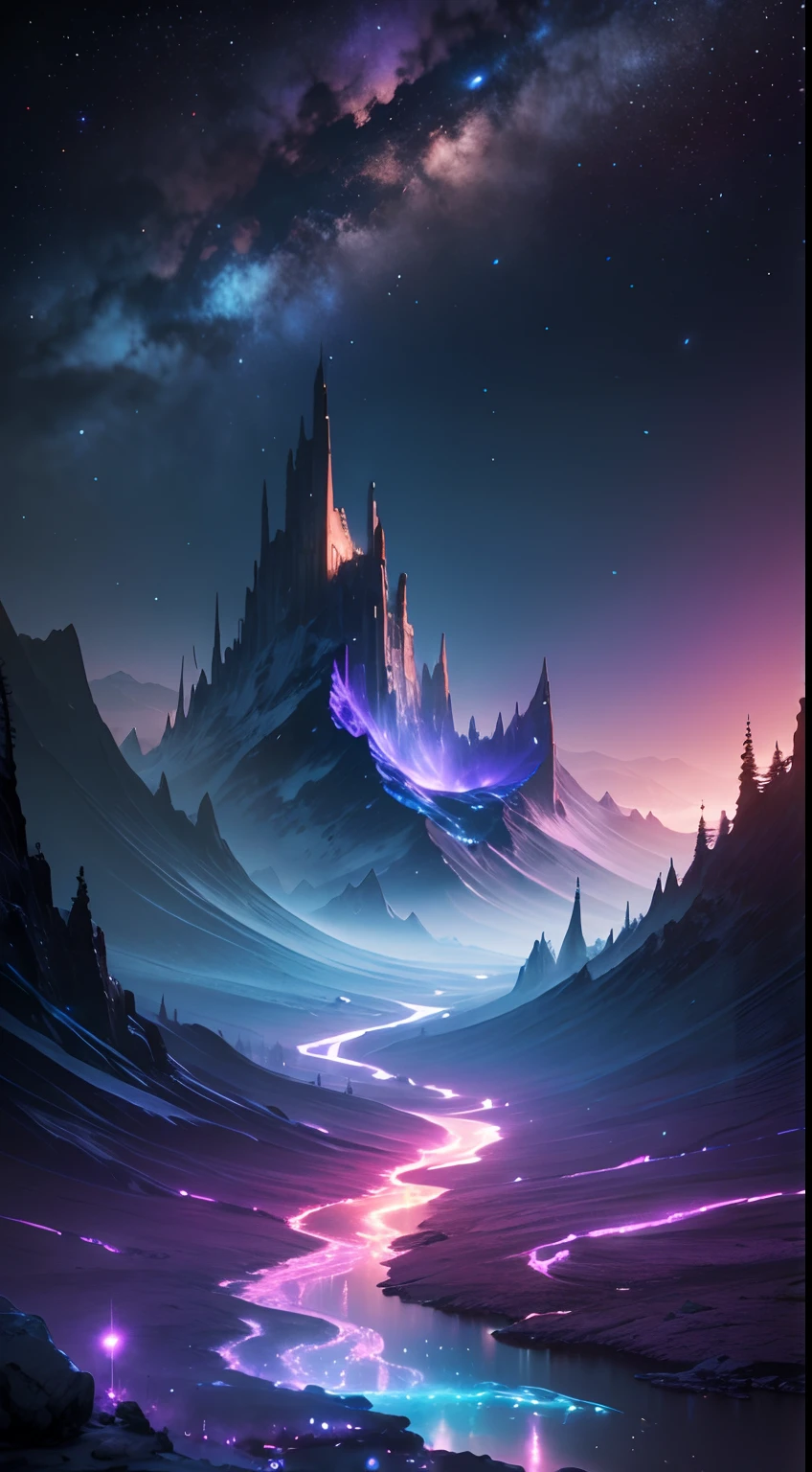 ((masterpiece)), best quality, cosmic landscape, glowing river, (magical glow), fantasy, crazy, surreal, spectral, radioactive, night, starry sky, milkway, purple, ciano glow, epic, breath taking, mountain, crystals, cool colors, 4k, traced lights, magical atmosphere, liquid, (vivid colors, contrast), artistic, creative, liminal spacce, award winner image, unreal engine, HDR, UHD, 64K, professional image,