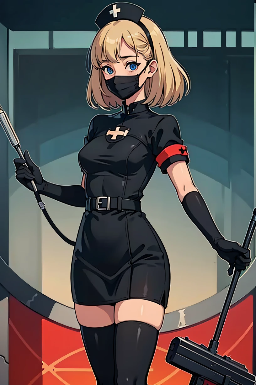 black nurse, 1girl, solo, black nurse cap, black wear, ((black legwear, zettai ryouiki)), black elbow gloves, blonde hair, blue eyes, ((black surgical mask, covered nose)), standing, ((surgery room)), sharp outline, short sleeves, best quality, masterpiece