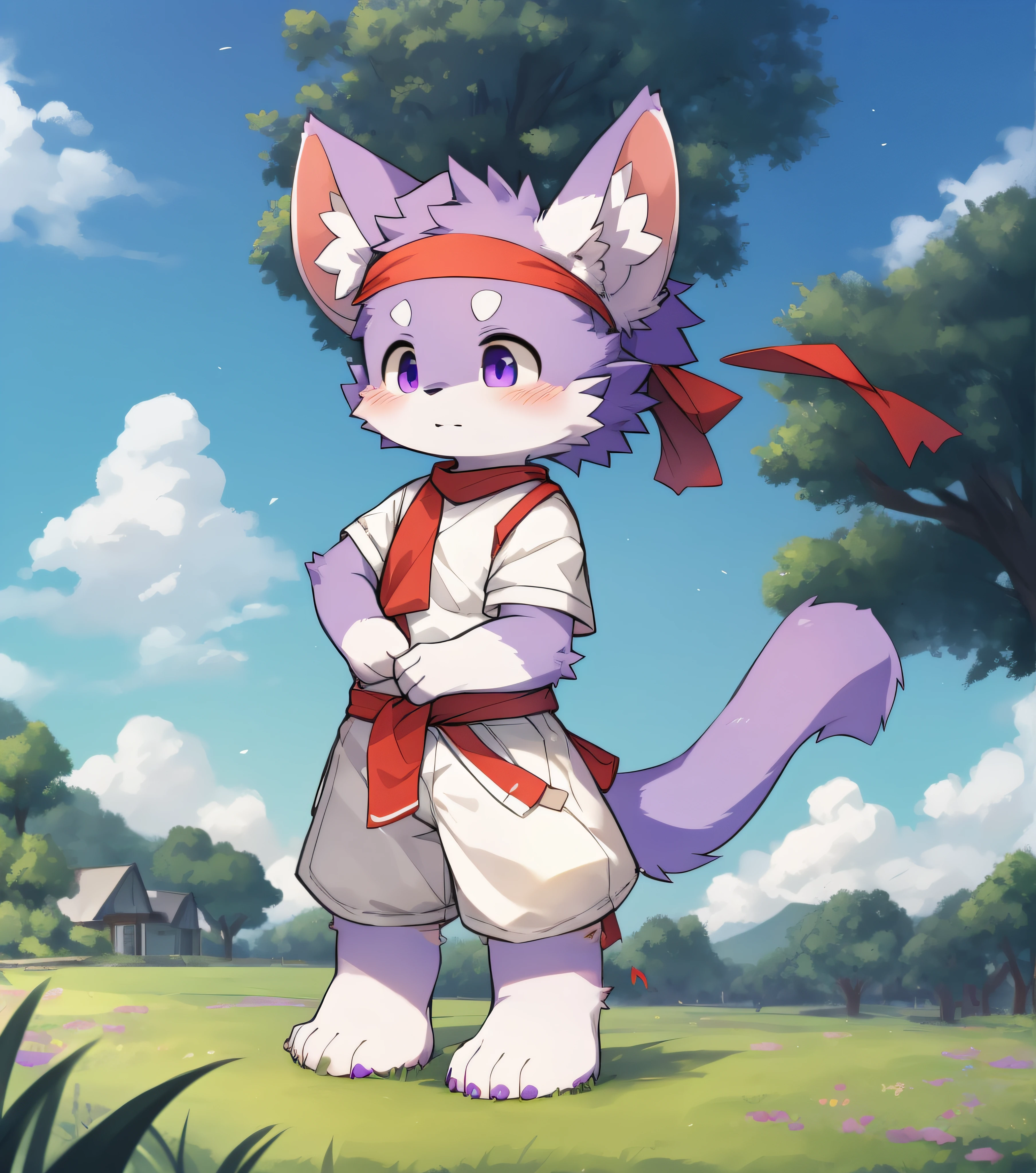 Purple fur，Purple fur，Purple skin，Beast too，Orc  boy，grassy fields，lawns，standing on your feet，Attention，blue-sky，shaggy，shaggy，Purple fur，Purple fur，Purple fur，Purple fur，male people，canid，adolable，adolable，adolable，solo person，Detailed fur，Purple eyes，Thick eyebrows，Fluffy tail，white short sleeve，short white pants，ultra - detailed：1.0，Libido boy，toddle，toddlersoddlers，Cldren，children's，Gamine，Beast too，Beast too，Beast too，adolable，adolable，Shota（Via Dagasi：1.1），anatomy correct，Barefoot，The barefoot，Barefoot，Barefoot，Barefoot，standing on your feet，Attention，bald-headed，Cat feet，lawns，grassy fields，On the lawn，on a grassy field，Step on the grass，Trampling on small grass，Step on the grass，Trampling the meadow，Step on the lawn，Trampling the lawn，bald-headed，balding，balding，Purple feet，Purple feet，Purple feet，Purple feet，Trampled grass，Trampled grass，Stand on the lawn，standing in grassy field，Stand on the lawn，There are footprints on the lawn，Footprints on the lawn，marshes，mud ground，Dirt roads，Muddy in the grass，sludgy，red waistband，Red headband，Blood，A child with a serious expression