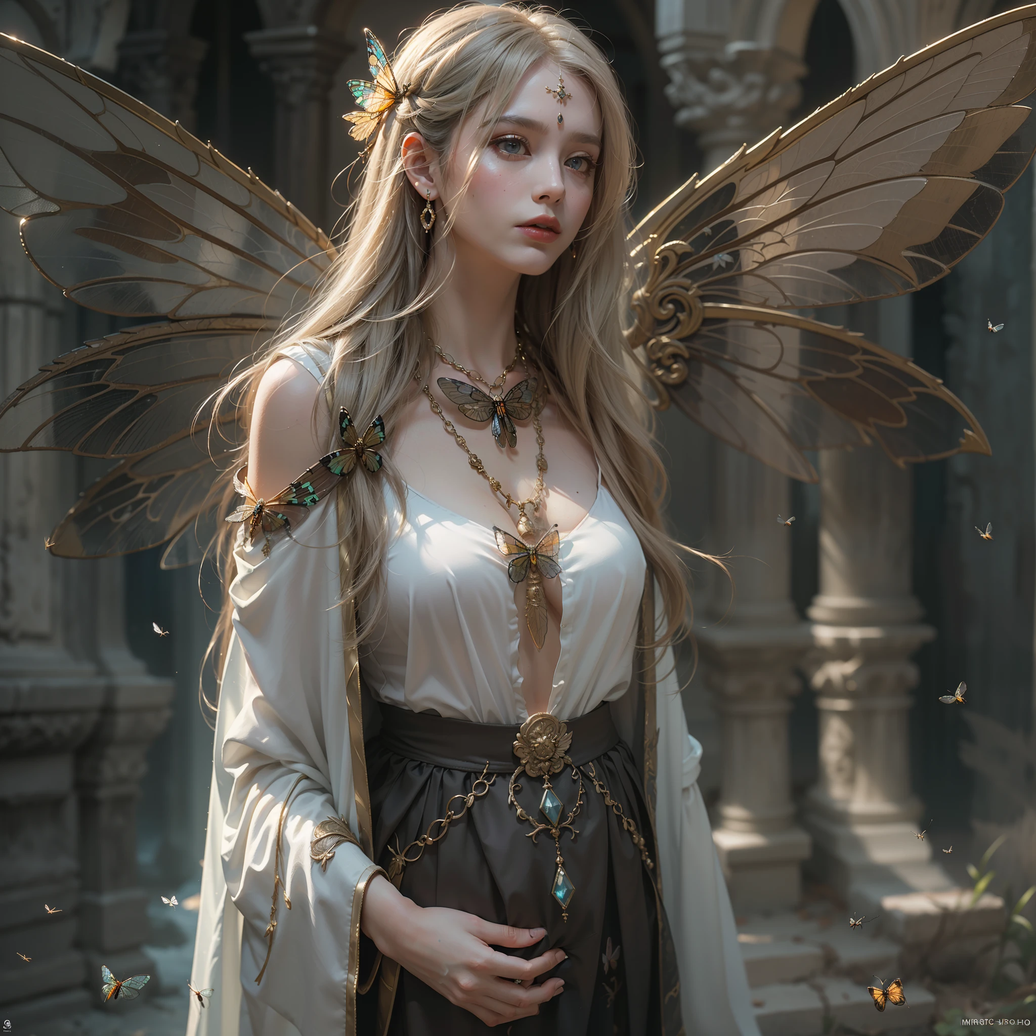 (Numerous award-winning masterpieces, stunning detail, texture & maximum detail), (Full-body standing image:1.8), (Upper body up:0.3), (A hyper-realistic:1.4), (realisitic:1.3), (best quality real texture skin), (Beautiful fairy high rank sorceress: 1.7), (Long haul, An elaborately decorated wizard's wand, It emits a mysterious light: 1.7), (True circular symmetrical eyes with fine details), (Beautiful face with exquisite painting), ((Medieval world)), (Wearing the wizard's black hat: 1.6), (A jet-black cloak with delicate decorations: 1.6), (A cape of delicate decoration, Although damaged and faded: 1.5), (Full-body standing image:1.8), (beautiful and clear eyes), (slightly smile), (Eyes of beautiful colors, It's full of joy), (A high-class fairy sorcerer who unlocks magic at your fingertips: 1.3), (Magnificently shining clouds and chunks of the sky:1.4), (Magic circles that emit intense light: 1.3), dramatic lighting, A majestic sight, (Insect wings and wings are translucent..:1.8), (4 Large, Transparent insect wings with wing veins, Similar to Dragonfly Wings, Behind the shoulders: 1.9), (((Folded wings))), Glass earrings in the ears, (((Dramatic photos))), (Full-body standing image:1.8), (Golden hair), (Silver hair), (Chestnut Hair), short cut hair, ((inquiry)), ((Looking down)), (On her neck is a simple necklace of exquisite workmanship), Old vegetation-infested ruins, Great temple, The Great Cathedral, Temple ruins, Detached temples, (Shining Magic Circle), Ruins of an ancient castle, Desolate ruins, crumbling ruins, Ancient ruins with clear water, highly detaild, A hyper-realistic, intriciate detail, Painting (artwork), ((Masterpiece,Best Quality)), ((Cinematic light)), A hyper-realistic, MACABRO, dark fantasy, divine light, epic realistic, murky, ((neutral colors)), fine art, (HDR:1.5), (muted colors:1.2), Hyper Detail, (Art Station:1.5), films, warm lightings, lighting effects, dramatic lighting, (intriciate detail:1.1), complicated background, (Greg Rutk