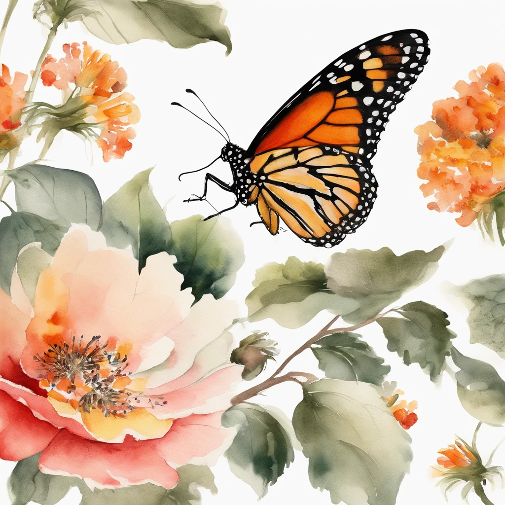 Monarch Butterfly，ukiyoe painting，Huge flowers，夏天, (((white background))),Cheng Jiasui's minimalist paintings, Tumblr, Minimalism, Chinese watercolor style, Chinese style painting, Chinese painting style